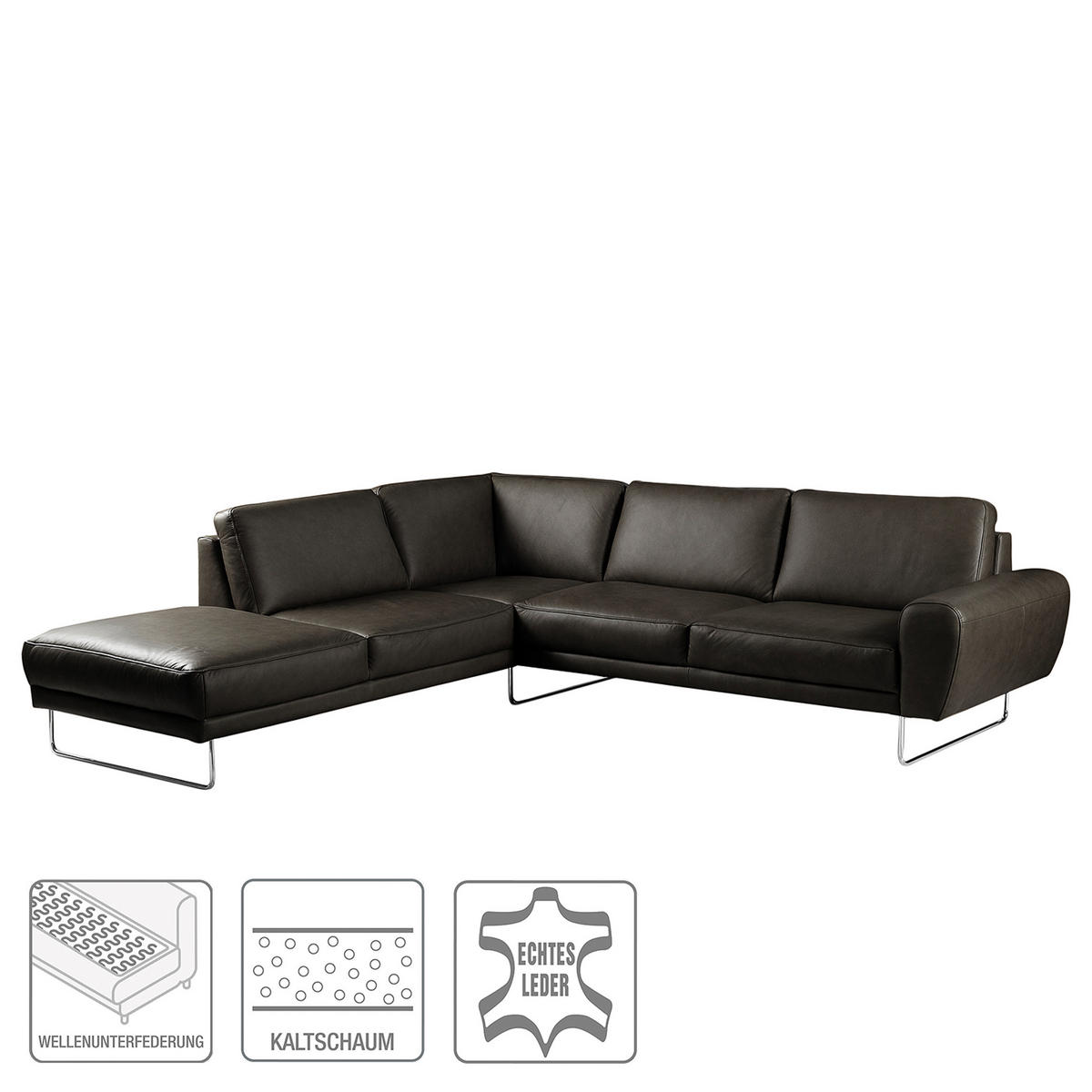 ECKSOFA in Echtleder Schwarz  - Chromfarben/Schwarz, Design, Leder/Metall (250/273cm) - Livetastic