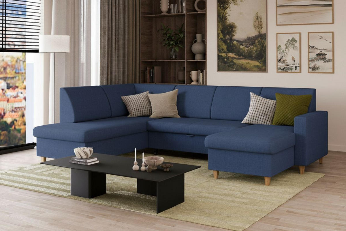 WOHNLANDSCHAFT NIKAS Blau Bouclé  - Blau/Buchefarben, Design, Holz/Textil (310/198/145cm) - MID.YOU