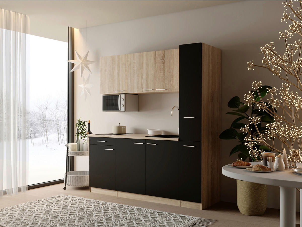KÜCHENBLOCK Ingrid 180 cm  in Schwarz  - Eichefarben/Alufarben, Design, Holzwerkstoff/Kunststoff (180cm) - Respekta