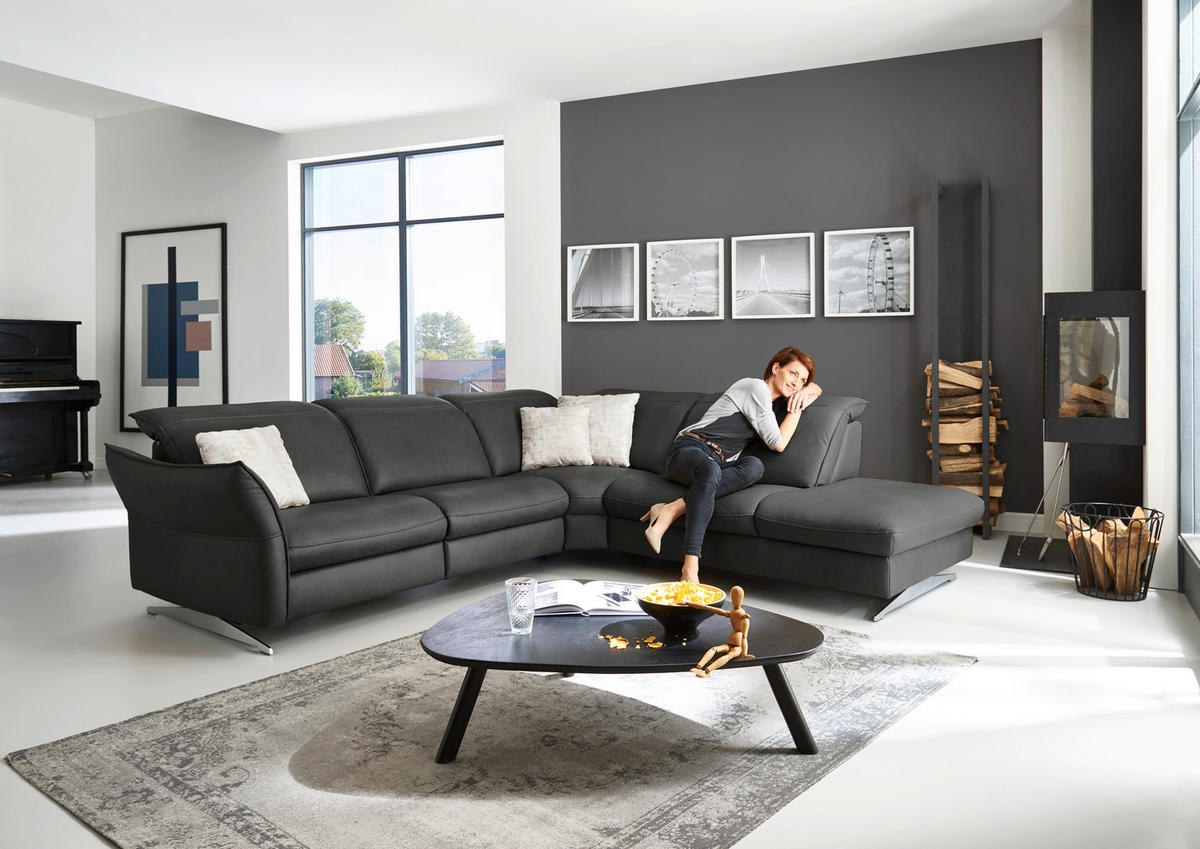 ECKSOFA Schwarz Echtleder  - Edelstahlfarben/Schwarz, Design, Leder/Metall (292/258cm) - Hukla