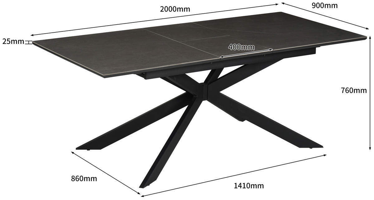 ESSTISCH Grau, Schwarz rechteckig  ausziehbar  - Schwarz/Grau, Design, Keramik/Holzwerkstoff (160-200/90/76cm) - Carryhome