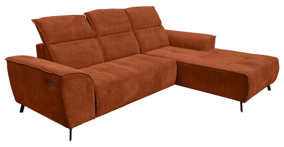 ECKSOFA Rostfarben Cord Rücken echt, Kopfteilverstellung, Sitzvorzug  - Rostfarben/Schwarz, KONVENTIONELL, Textil/Metall (290/196cm) - Carryhome