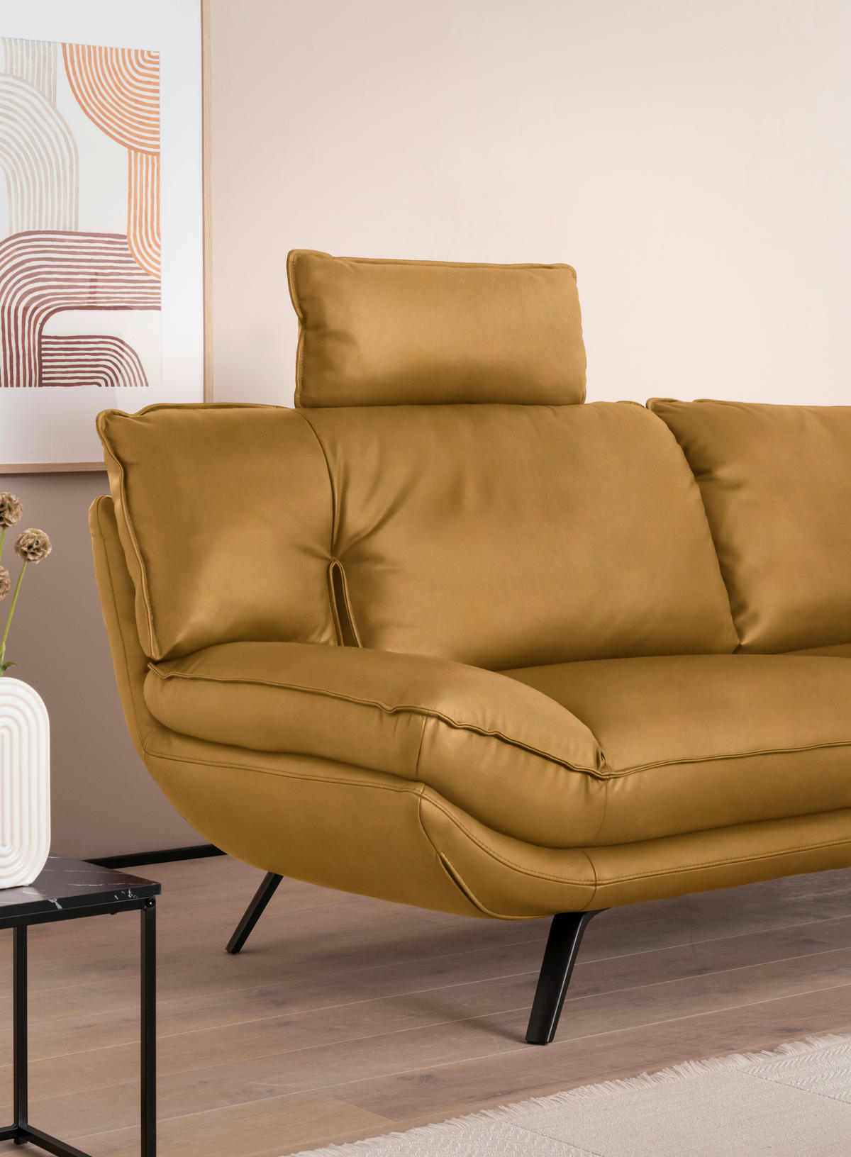 3-SITZER-SOFA in Echtleder Currygelb  - Currygelb/Schwarz, Design, Leder/Metall (226/95/95cm) - Celina