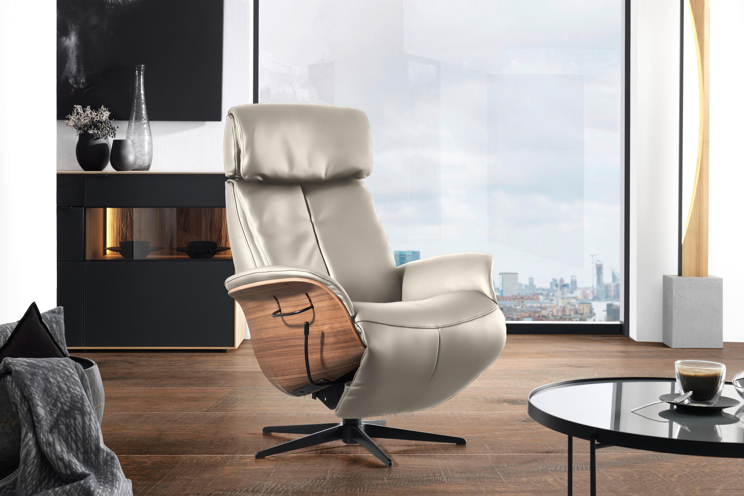 RELAXSESSEL Echtleder Relaxfunktion, Kopfteilverstellung    - Nussbaumfarben/Creme, Design, Leder/Holz (78/104-113/84cm) - Welnova