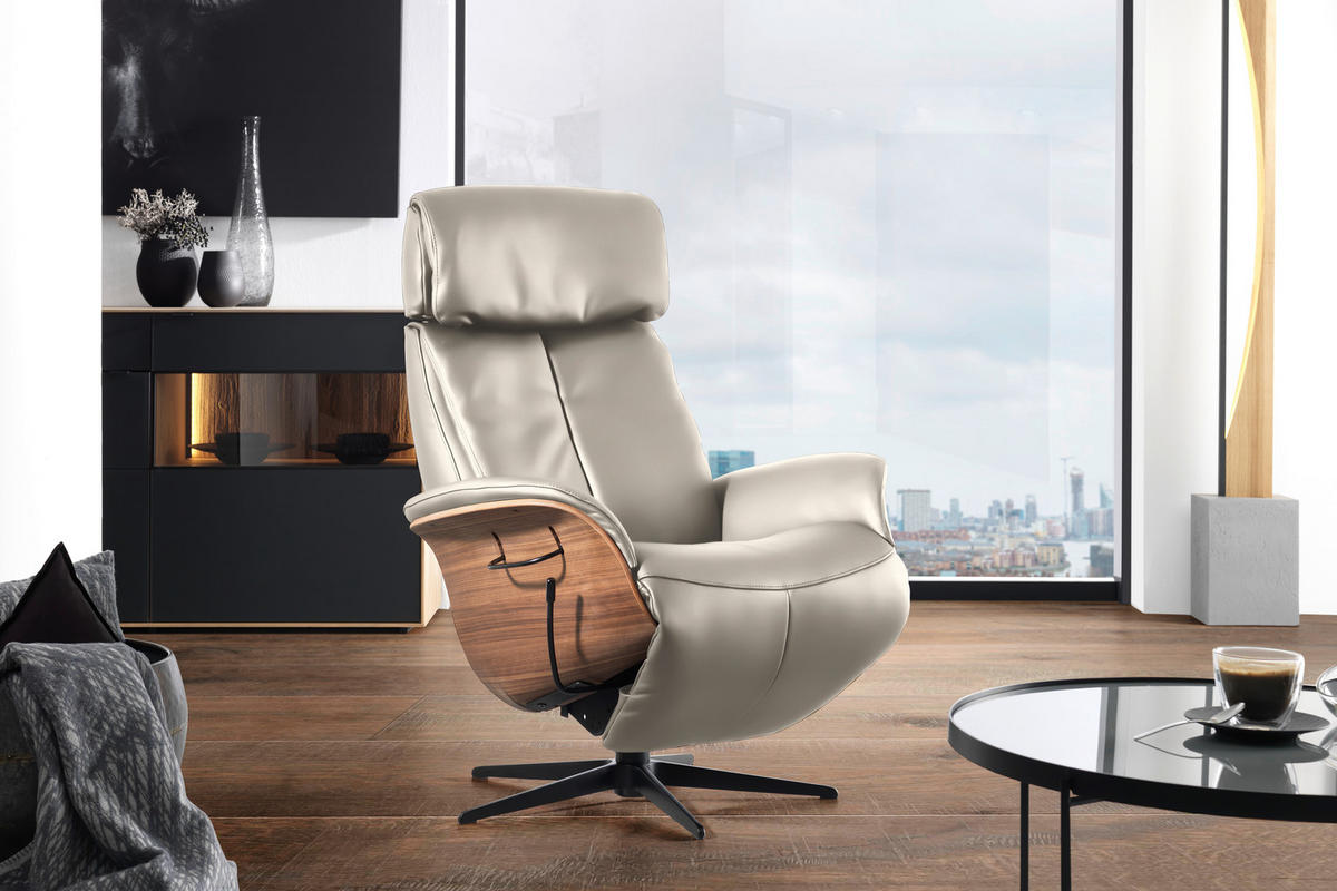 RELAXSESSEL in Leder Creme  - Nussbaumfarben/Creme, Design, Leder/Holz (78/104-113/84cm) - Welnova