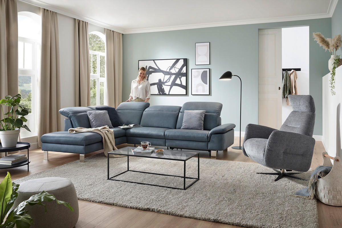 ECKSOFA in Echtleder Blaugrau  - Edelstahlfarben/Blaugrau, Design, Leder/Metall (309/233cm) - Dieter Knoll