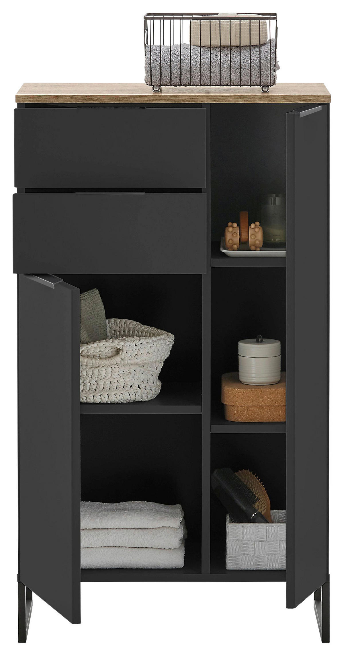 MIDISCHRANK 60/106/32 cm  - Eichefarben/Schwarz, KONVENTIONELL, Holzwerkstoff/Metall (60/106/32cm) - home24