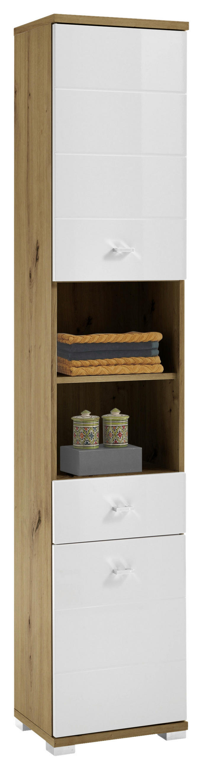VYSOKÁ SKRINKA, biela s vysokým leskom, dub artisan, 38/190/30 cm - biela s vysokým leskom/strieborná, Konventionell, kompozitné drevo/plast (38/190/30cm) - Livetastic