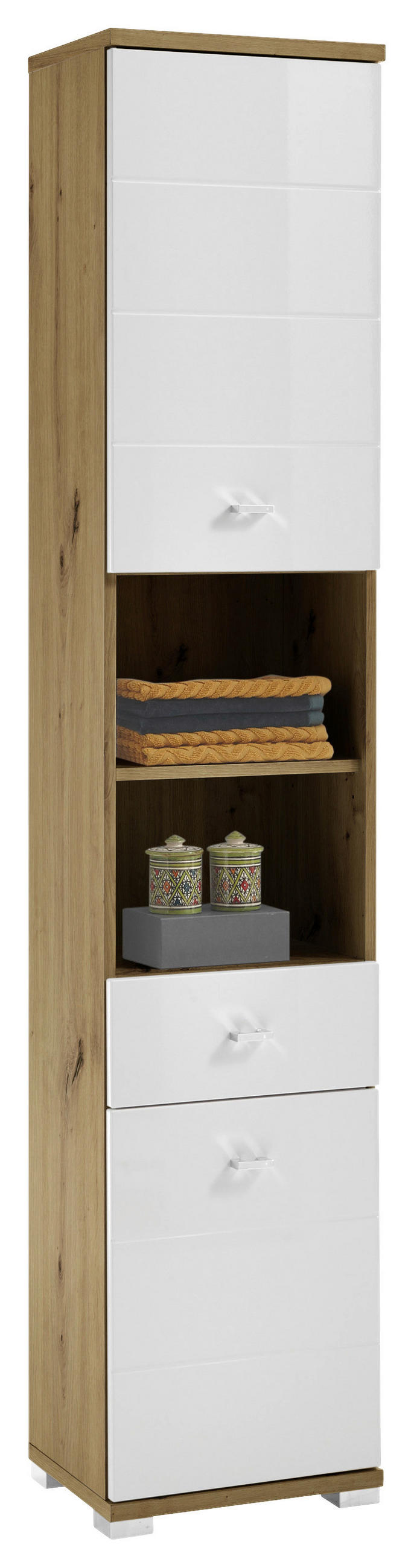Livetastic Hochschrank Eiche Artisan, Weiß Hochglanz 38x190x30 cm