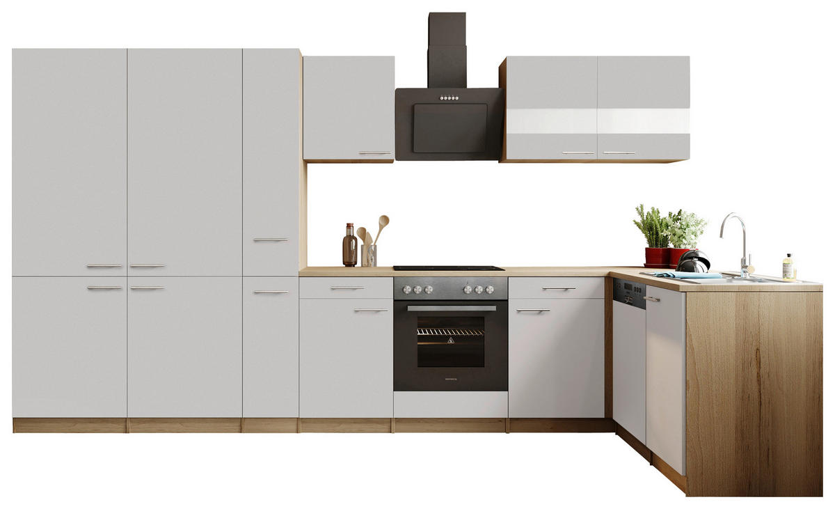 ECKKÜCHE Merle 370/172 cm  in Weiß  - Edelstahlfarben/Eichefarben, Trend, Holzwerkstoff/Metall (370/172cm) - Respekta