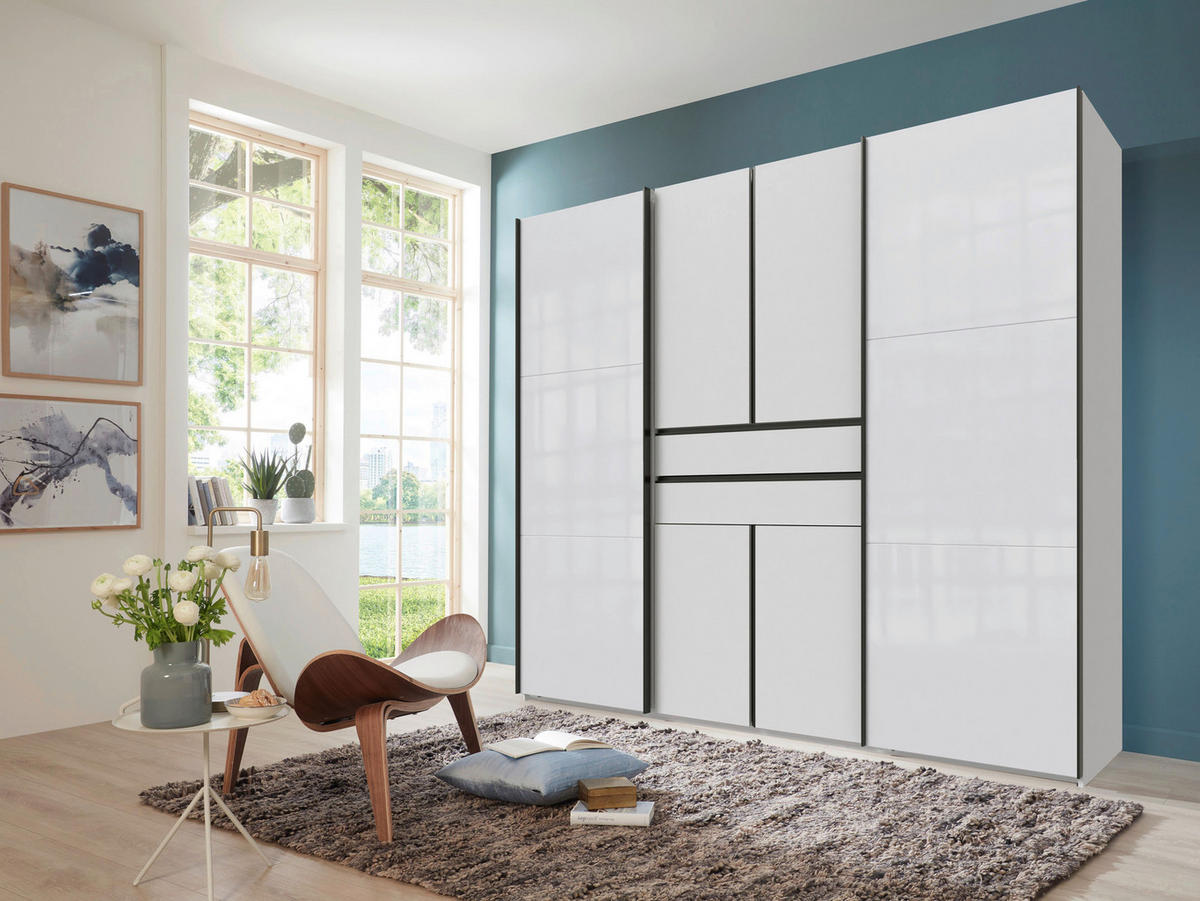 KLEIDERSCHRANK 250/216/65 cm,  in Weiß, 6-türig  - Schwarz/Weiß, Design, Glas/Holzwerkstoff (250/216/65cm) - Stylife