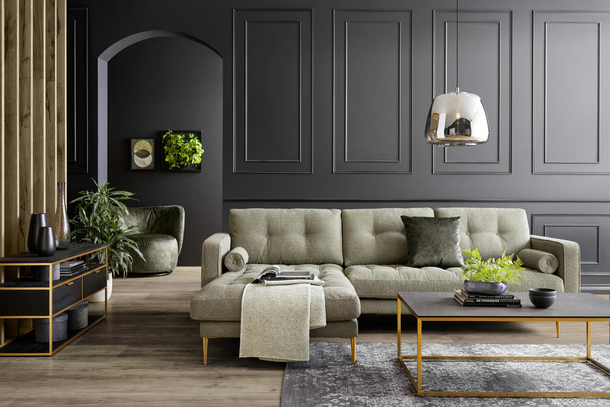 ECKSOFA in beflockt Olivgrün  - Goldfarben/Olivgrün, Design, Textil/Metall (277/165cm) - Livetastic