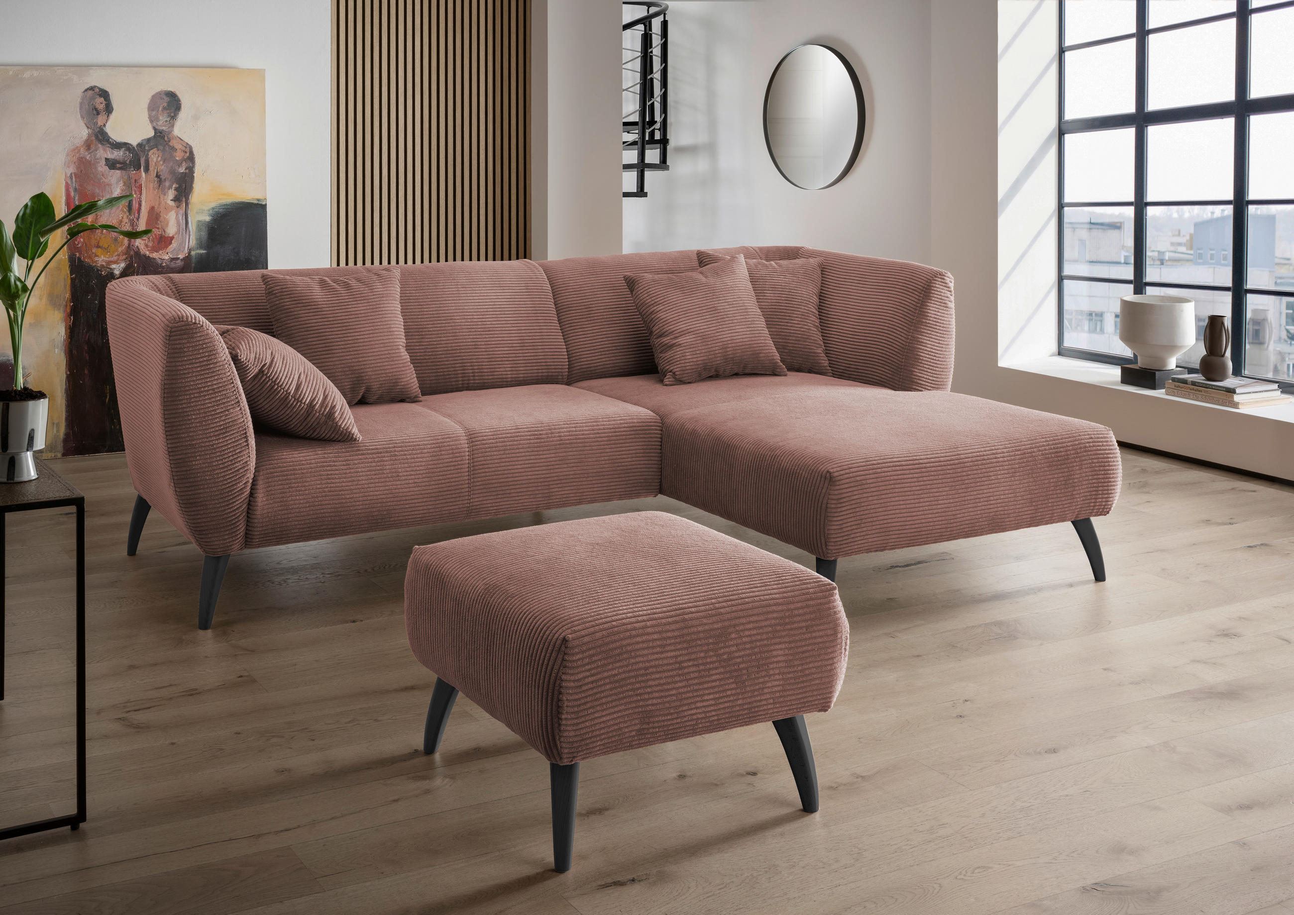 ECKSOFA Rosa Cord  - Schwarz/Rosa, MODERN, Holz/Textil (264/160cm) - MID.YOU