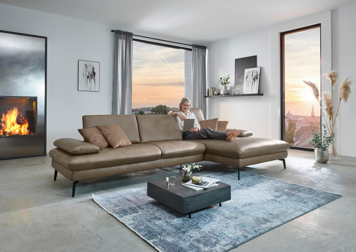 ECKSOFA in Echtleder Graubraun  - Graubraun/Schwarz, Design, Leder/Metall (157/325cm) - Dieter Knoll