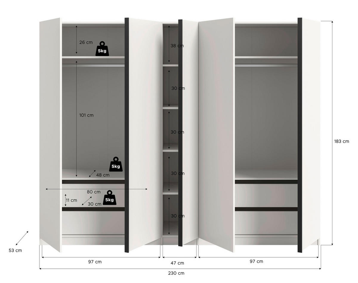 ORMAR S KLASIČNIM VRATIMA     - bijela/crna, Moderno, drvni materijal (230/183/53cm) - MID.YOU