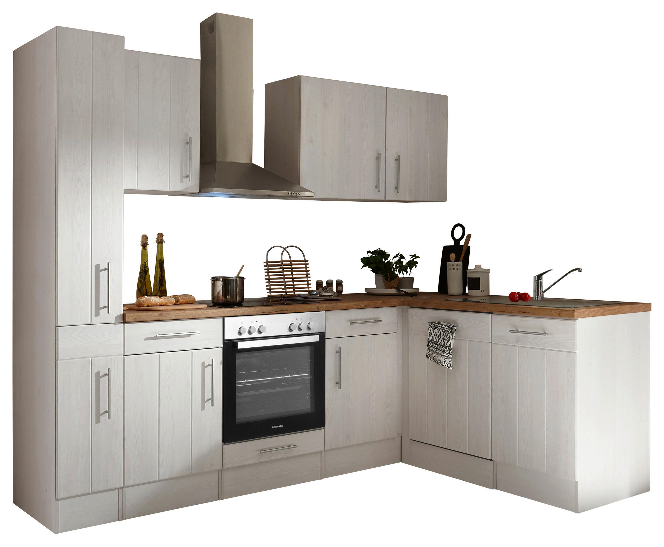 ECKKÜCHE 250/172 cm  in Weiß, Lärchefarben  - Wildeiche/Edelstahlfarben, Basics, Holzwerkstoff/Metall (250/172cm) - Respekta