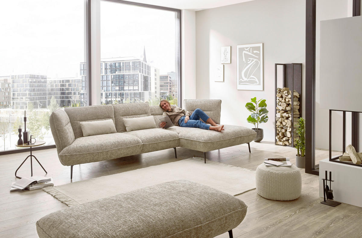 ECKSOFA in Flachgewebe Taupe  - Taupe/Schwarz, Design, Textil/Metall (339/153cm) - Moderano