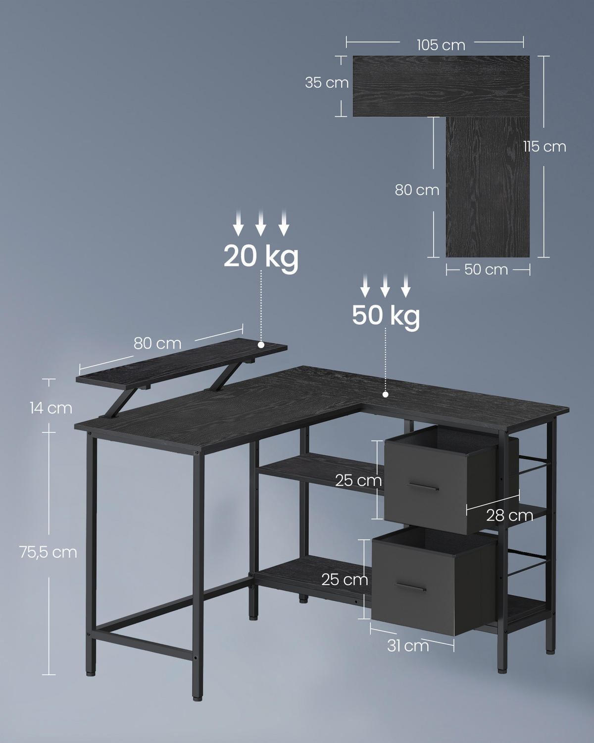 ECKSCHREIBTISCH 115/105/89 cm Schwarz Kabeldurchlass  - Schwarz, Basics, Holzwerkstoff/Metall (115/105/89cm) - Boxxx