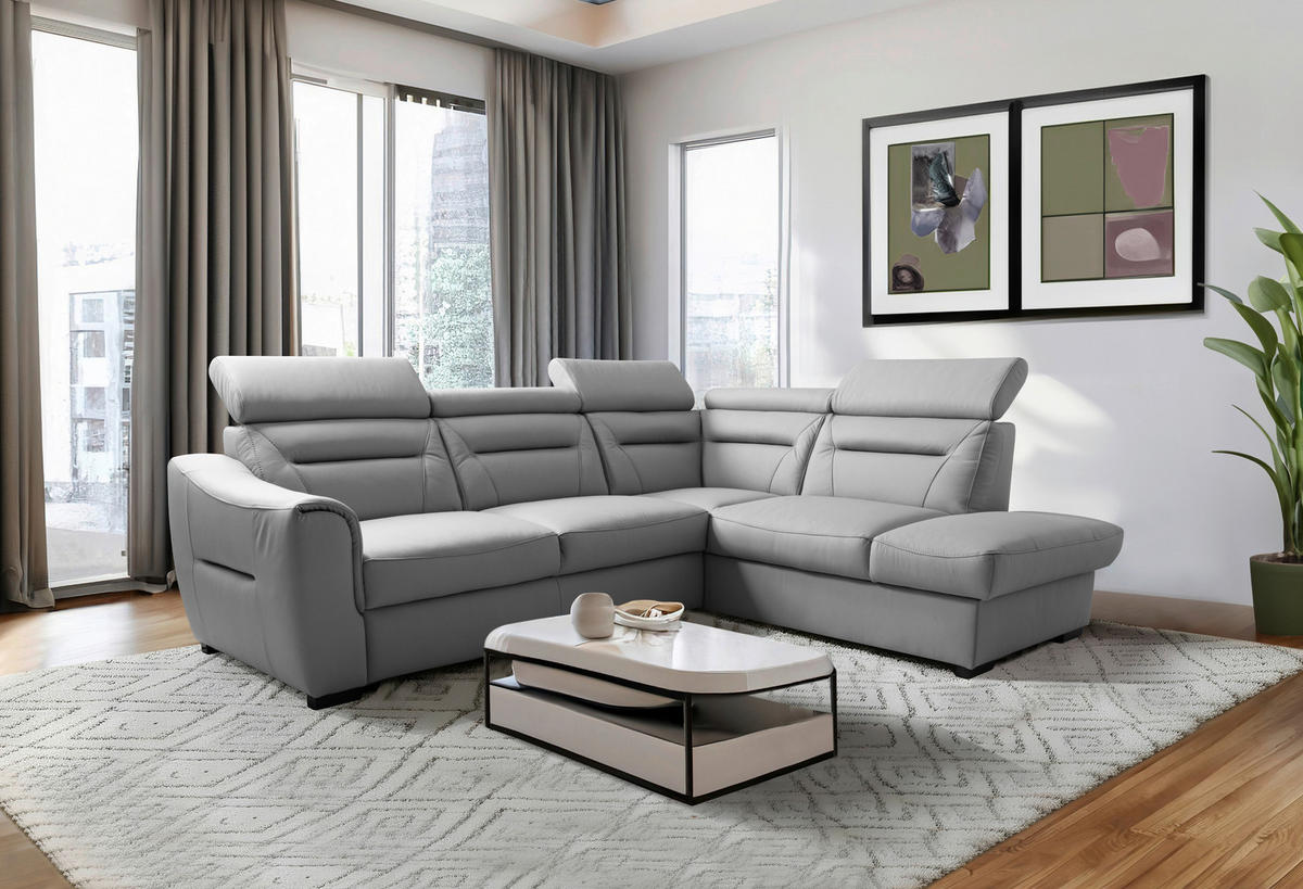 ECKSOFA  in Lederlook Echtleder Platinfarben  - Platinfarben/Wengefarben, Design, Leder/Holz (260/212cm) - Celina Home