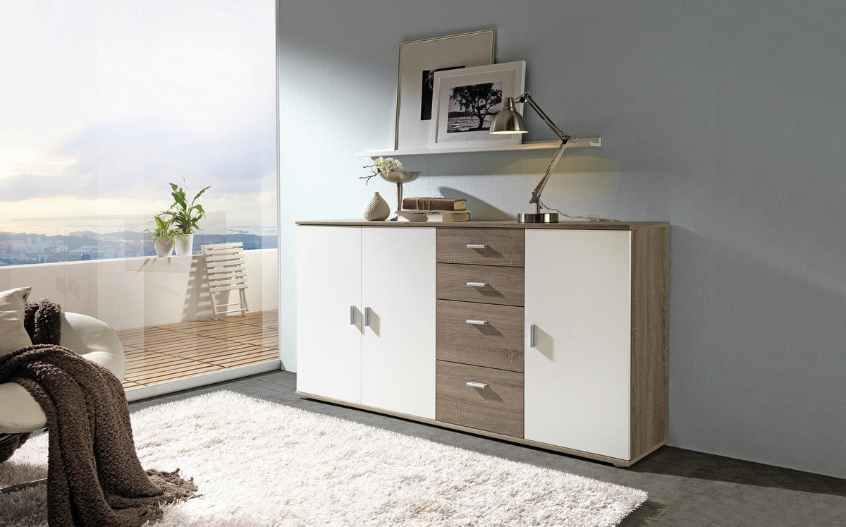 KOMODA, bela, hrast sonoma  - srebrne barve/barve hrasta, Design, umetna masa/leseni material (160/82/35cm) - Boxxx