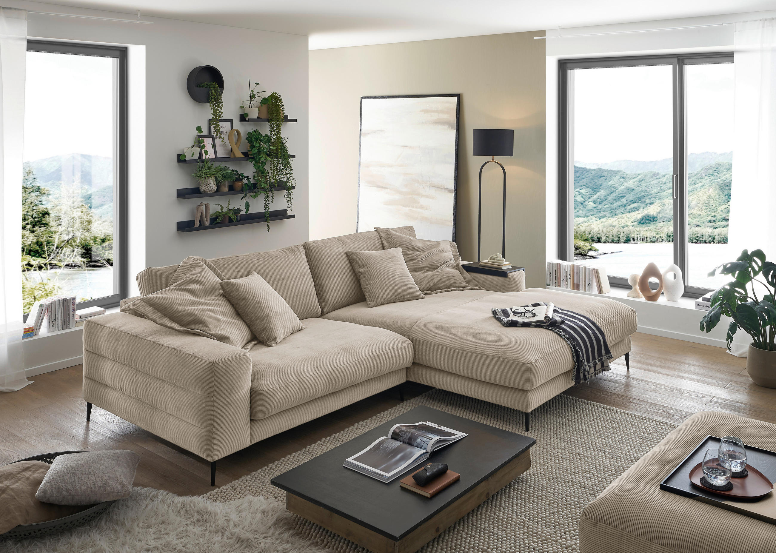 ECKSOFA in Feincord Sandfarben  - Sandfarben/Schwarz, Design, Textil/Metall (293/207cm) - Dieter Knoll