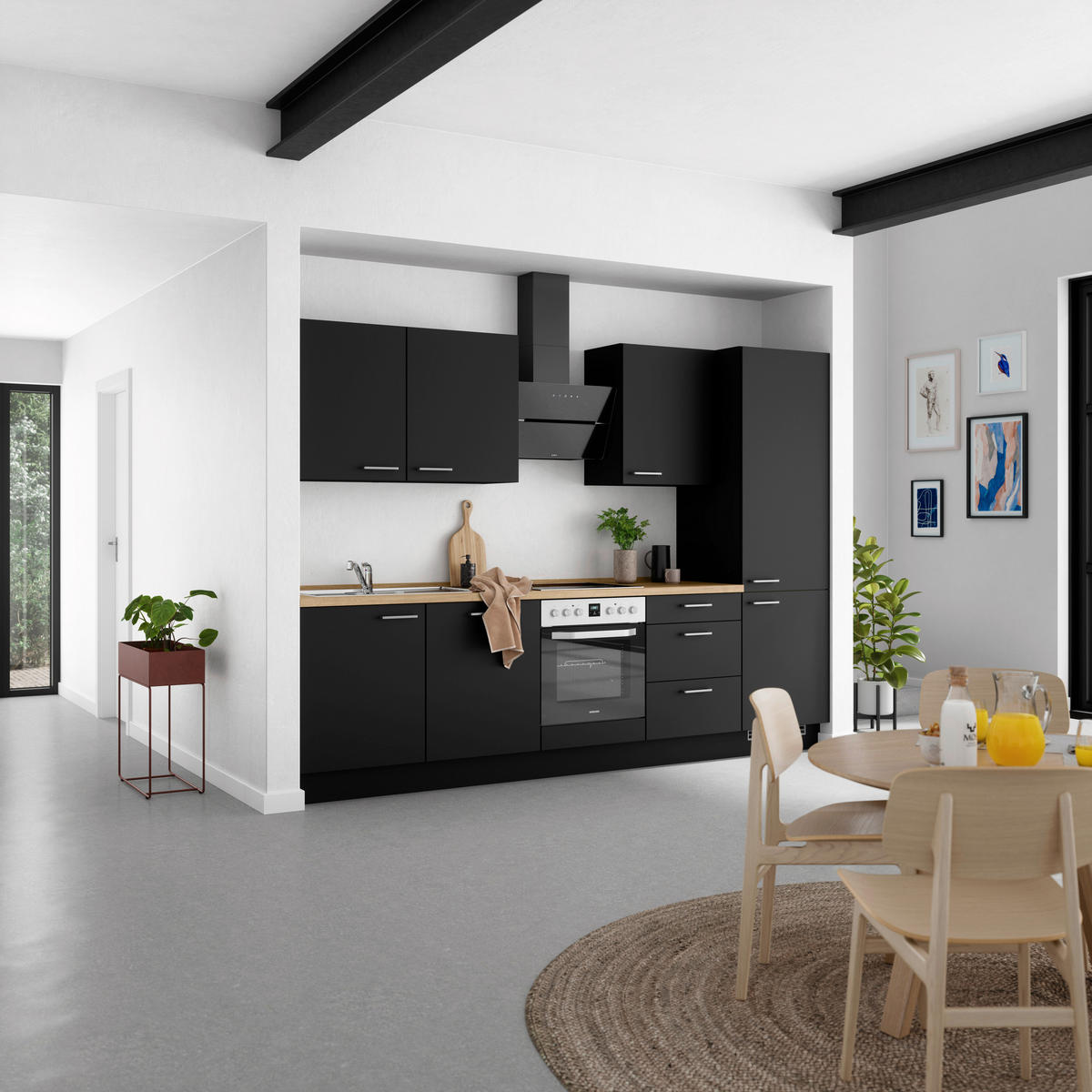 KÜCHENBLOCK 300 cm   in Schwarz, Eichefarben  - Edelstahlfarben/Eichefarben, MODERN, Holzwerkstoff/Metall (300cm) - Nobilia