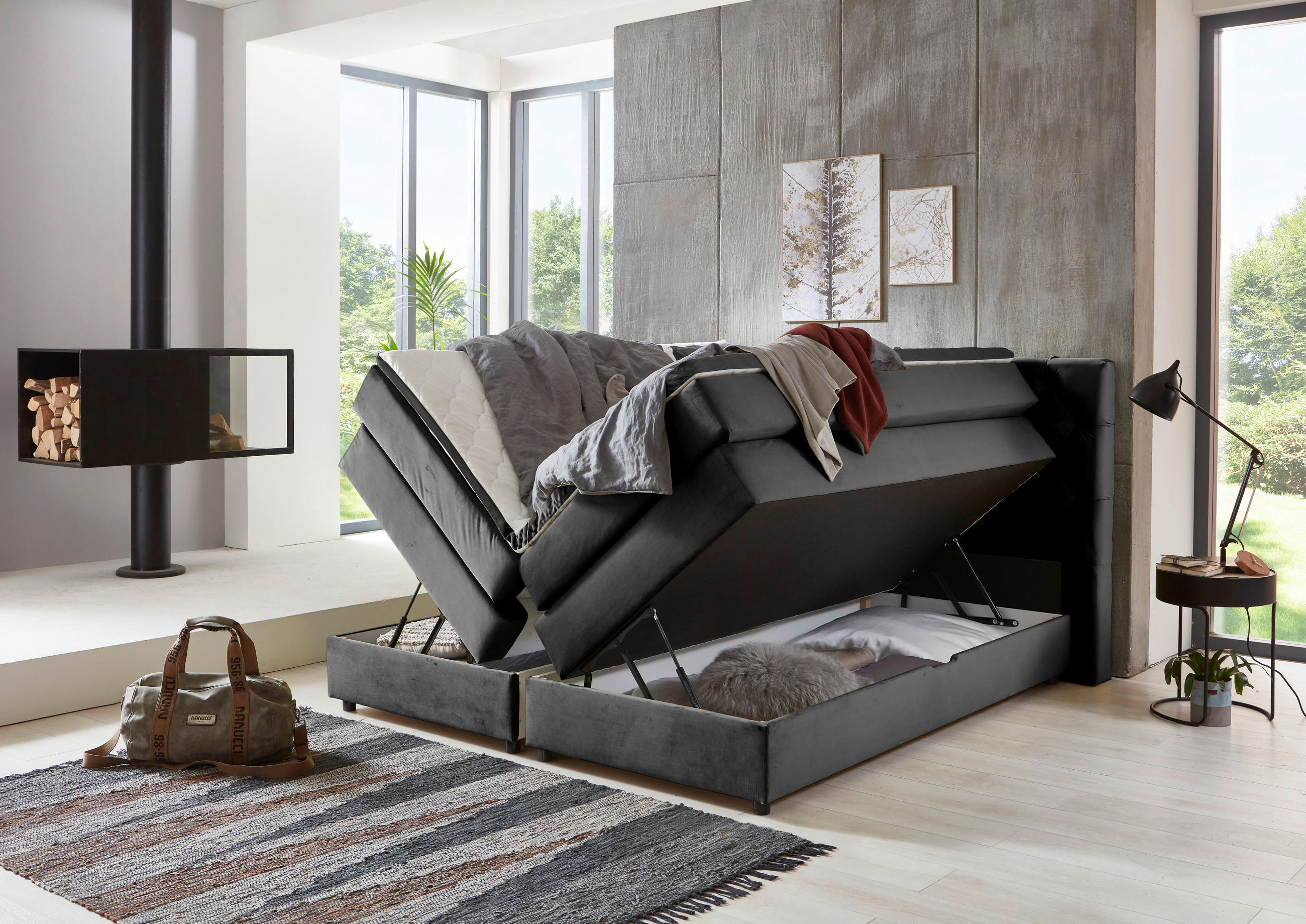 Thumbnail - Mid.you Boxspringbett, Anthrazit, Textil, H2 + H3, 7-Zonen, Höhe ca. 19 cm, 160x200 cm, Bettkasten, gepolstertes Kopftei...