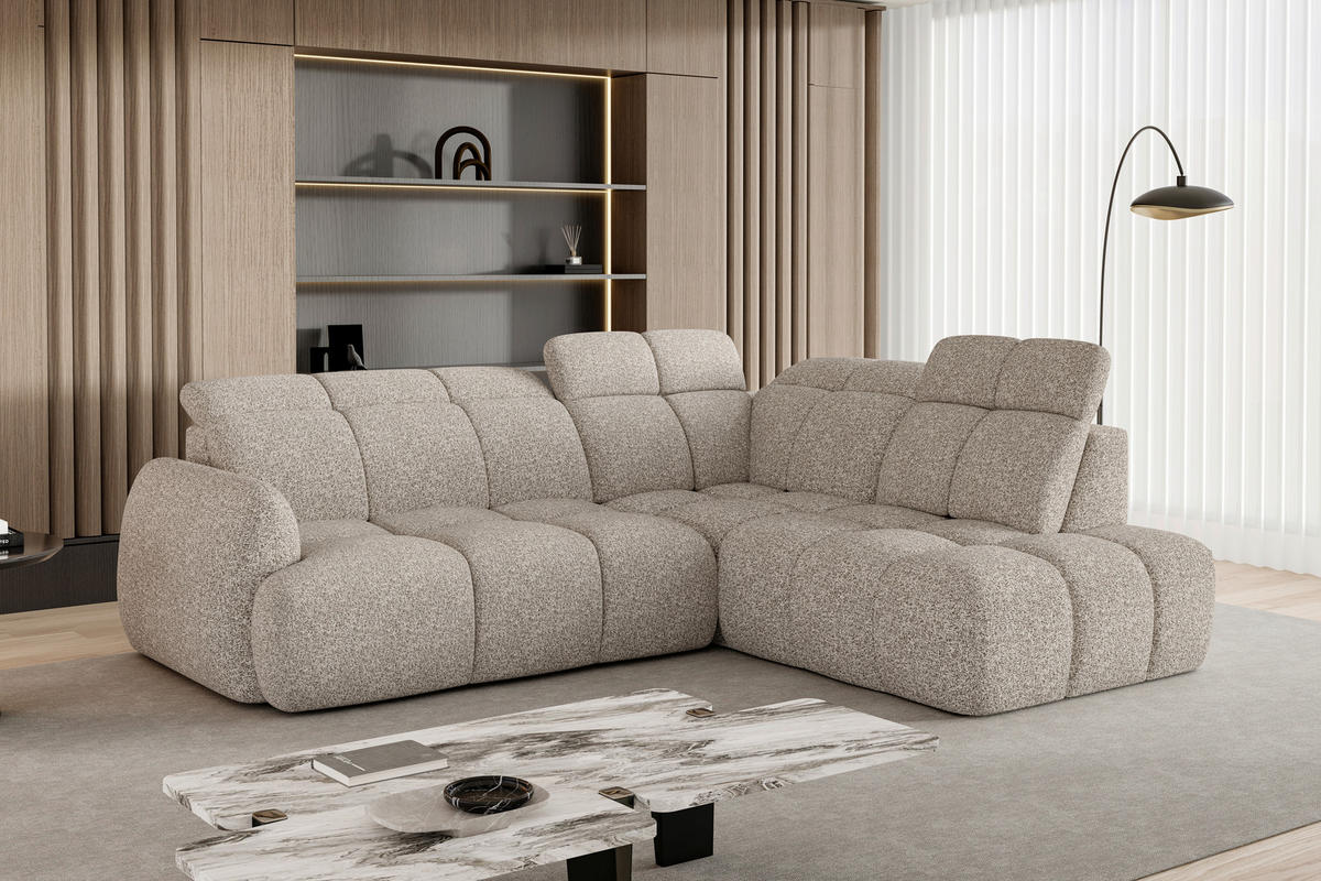 ECKSOFA Beige Webstoff Bettkasten, Schlaffunktion, Rücken echt, Kopfteilverstellung, Sitzvorzug  - Beige/Schwarz, Design, Kunststoff/Textil (275/230cm) - Welnova