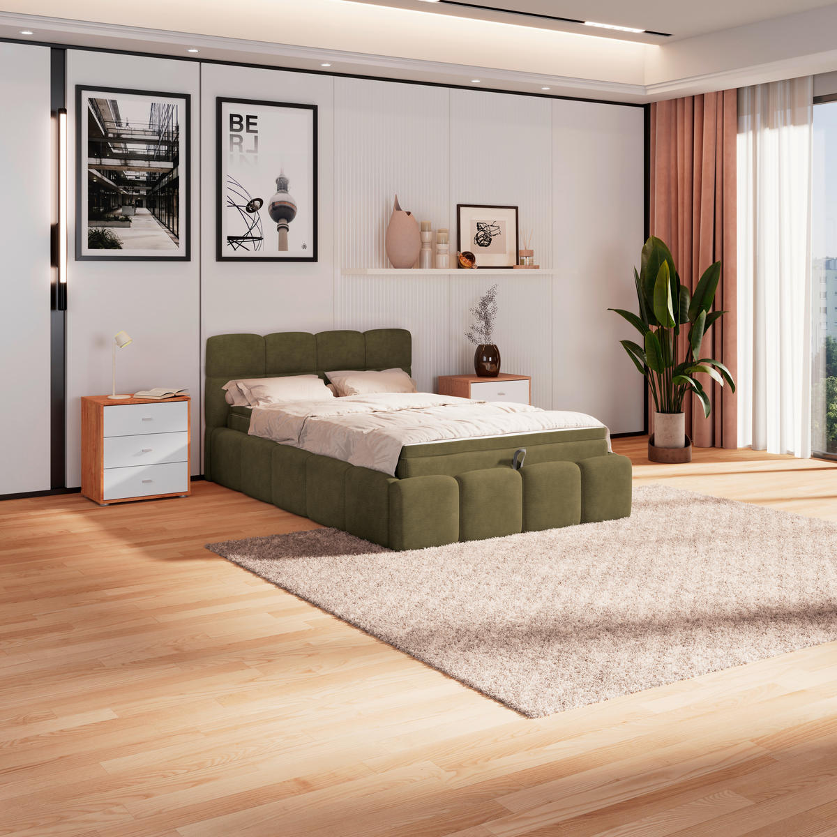 POLSTERBETT 120/200 cm,  in Grün, Matratze, Bettkasten, H3 = fest  - Schwarz/Weiß, Trend, Kunststoff/Textil (120/200cm)