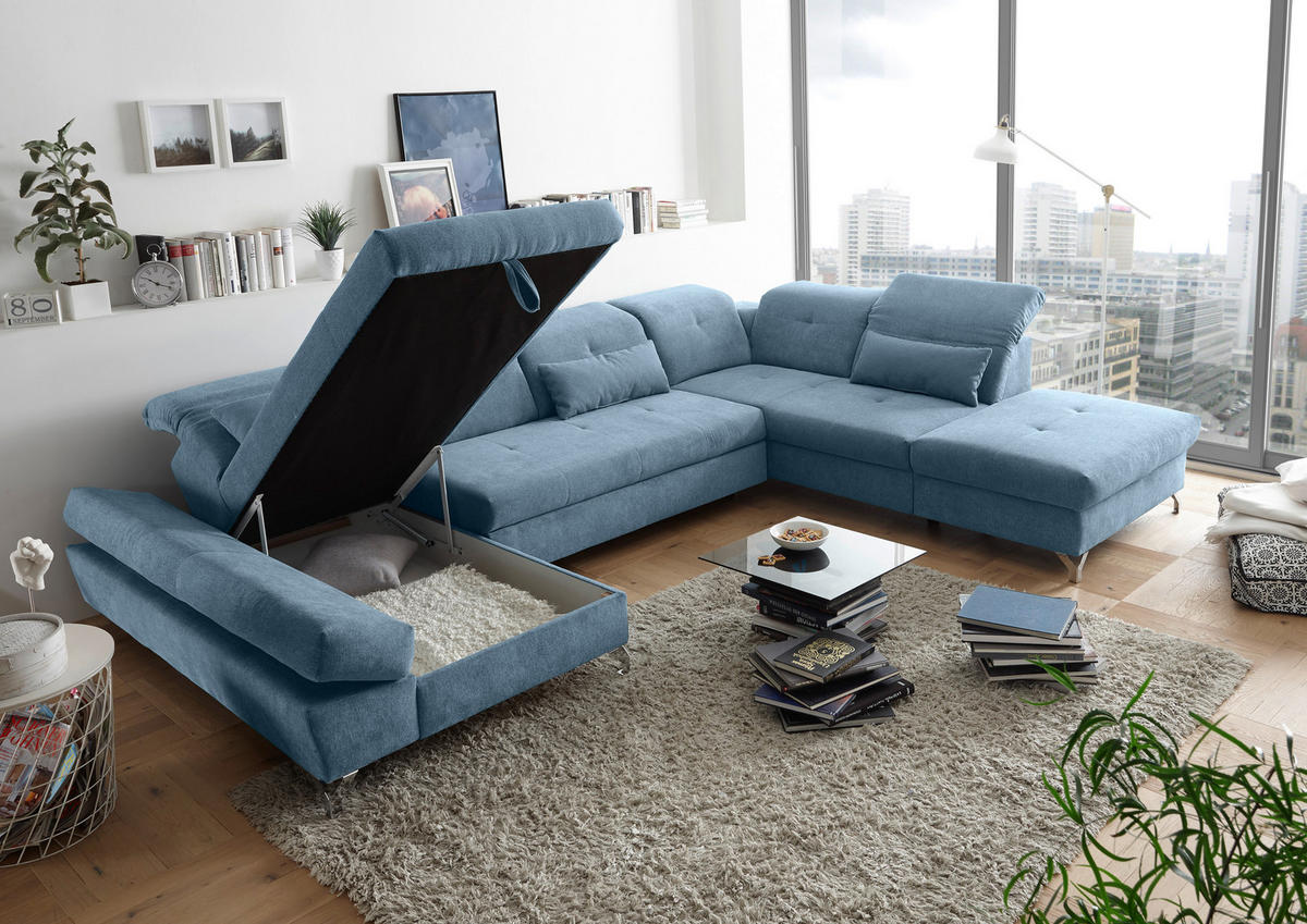WOHNLANDSCHAFT in Mikrovelours Blau  - Blau/Silberfarben, MODERN, Textil/Metall (168/350/245cm) - MID.YOU