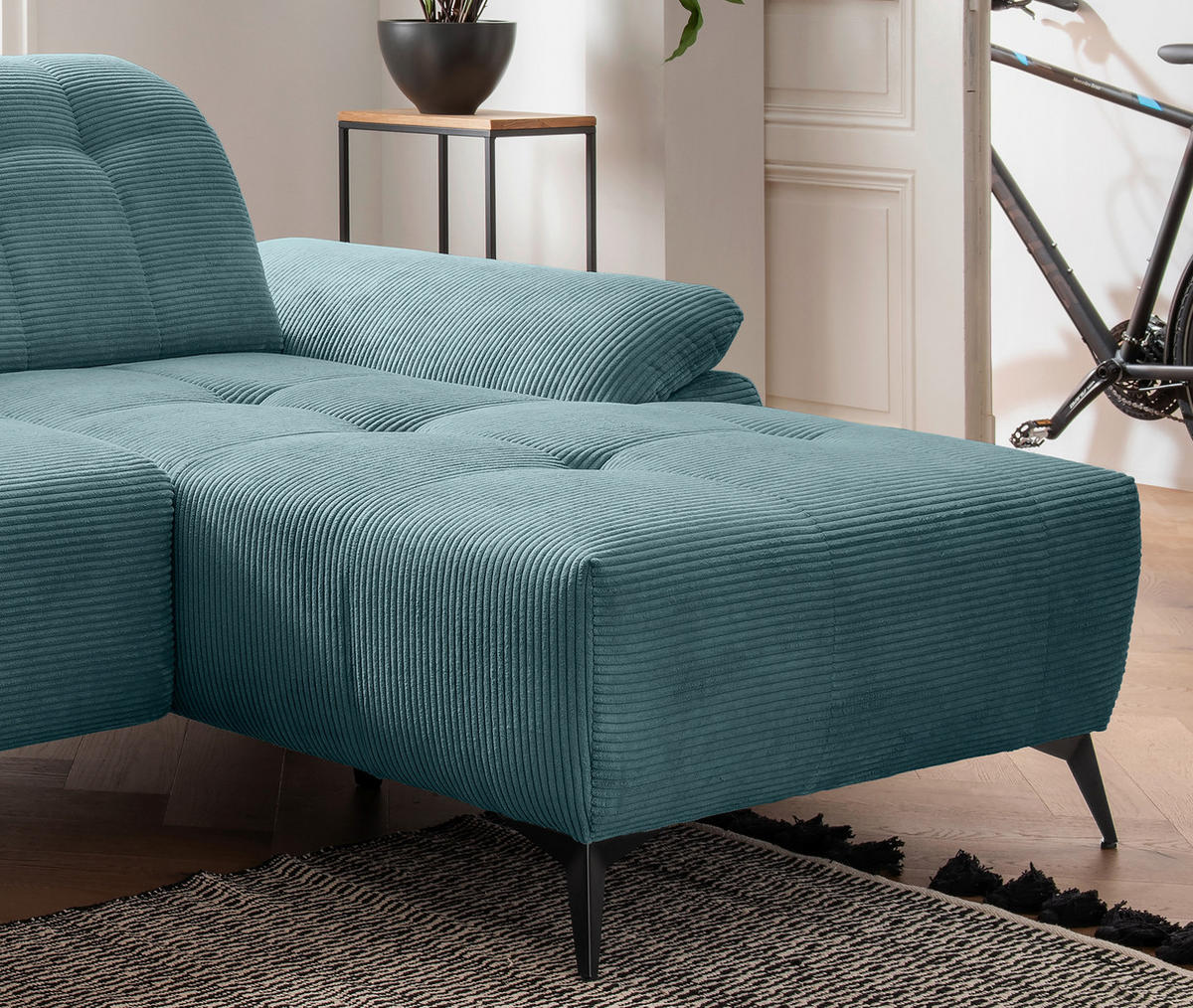 ECKSOFA FIORE in Cord Petrol Kopfteilverstellung, Sitzvorzug  280/180 cm  - Petrol/Schwarz, MODERN, Textil/Metall (280/180cm) - Livetastic