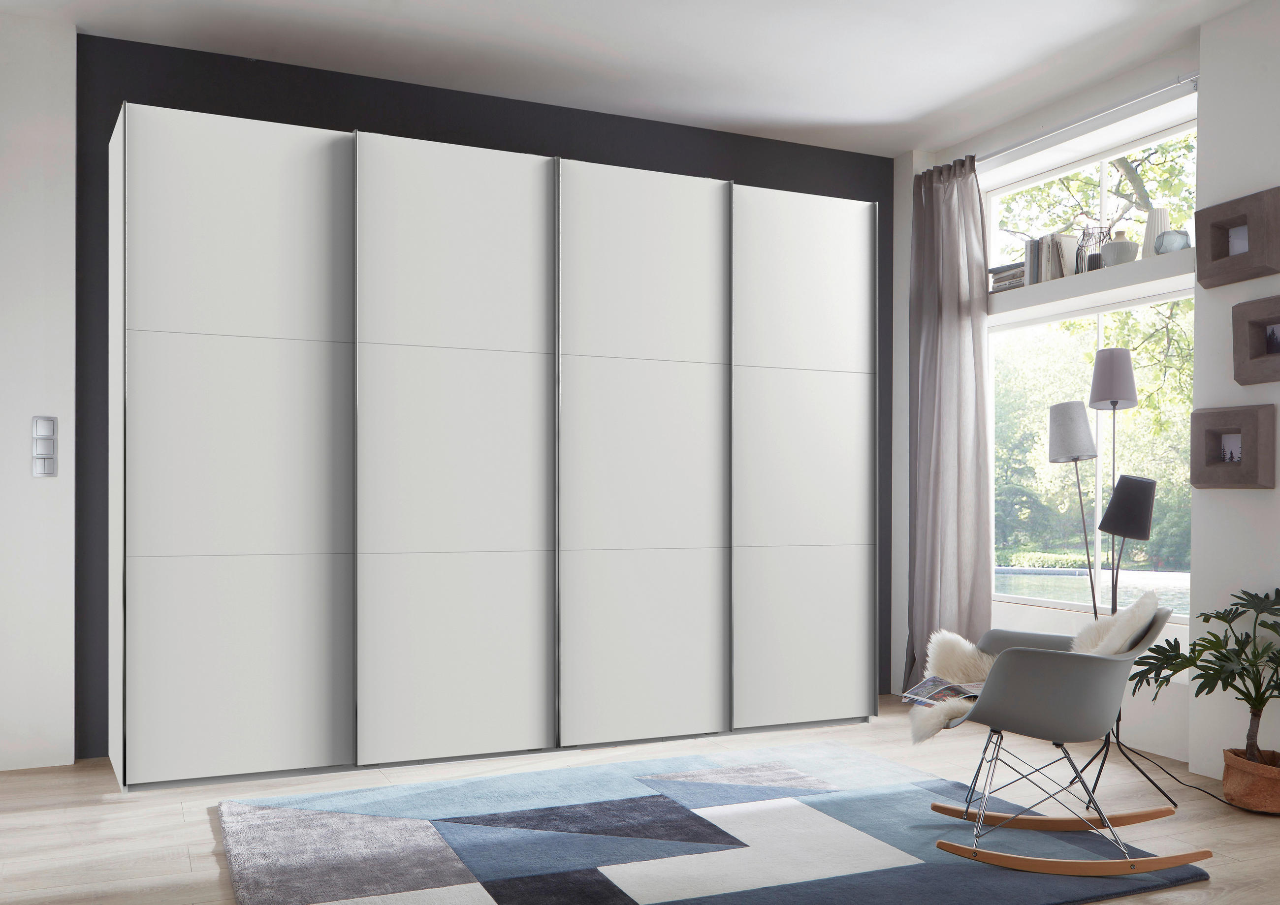SCHWEBETÜRENSCHRANK 300/216,5/65 cm 4-türig Weiß  - Chromfarben/Weiß, MODERN, Holzwerkstoff (300/216,5/65cm) - MID.YOU