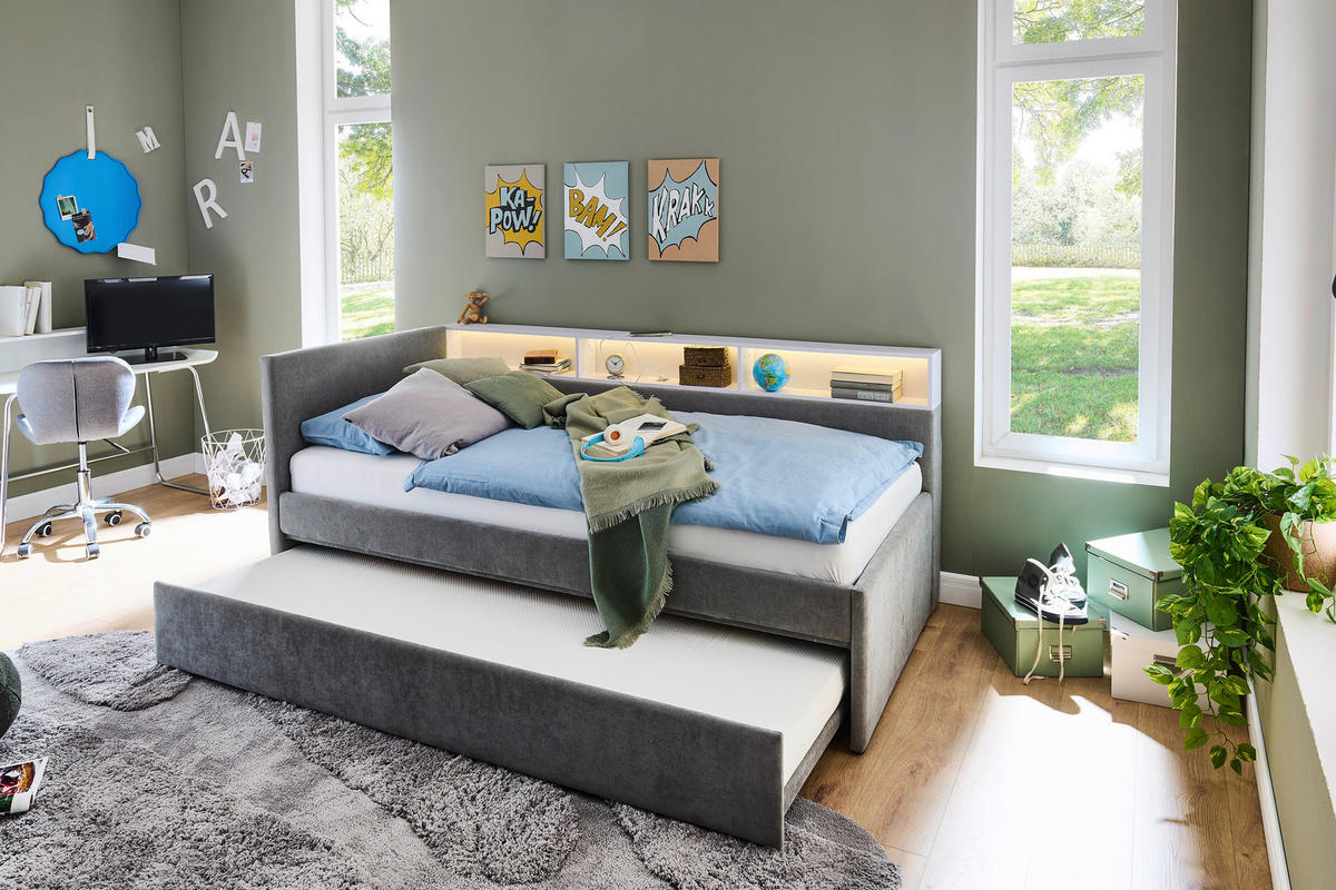 AUSZIEHBETT 120/200 cm,  in Grau, Matratze, Lattenrost  - Grau, MODERN, Holz/Holzwerkstoff (120/200cm) - Stylife