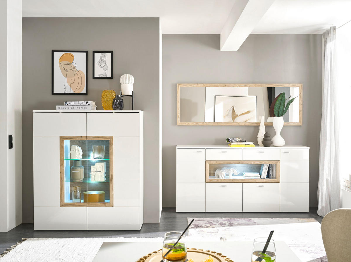 VYSOKÁ KOMODA, bílá, vysoce lesklá bílá, 120/137/38 cm - bílá/barvy stříbra, Design, kompozitní dřevo/plast (120/137/38cm) - MID.YOU