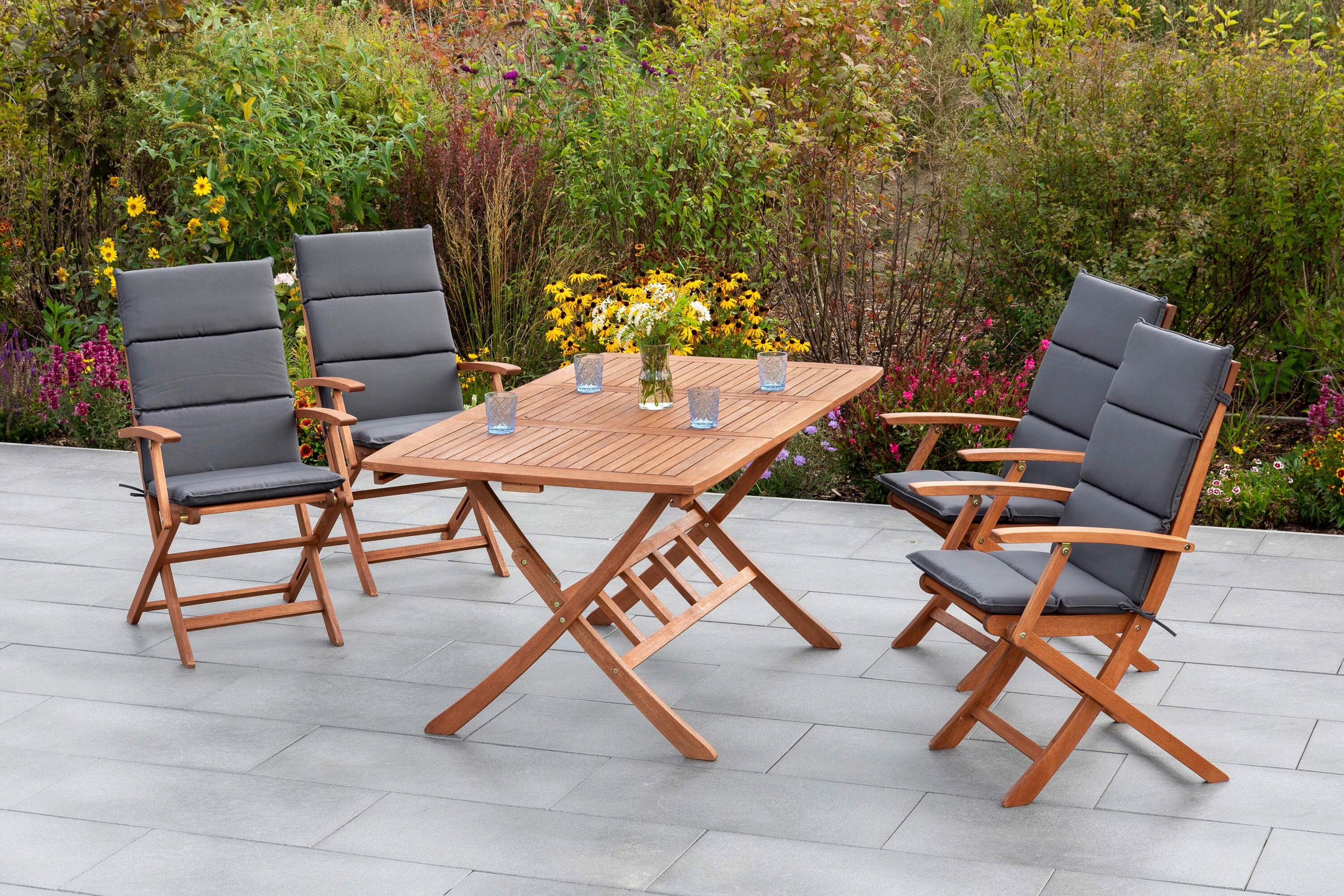 GARTENTISCHGRUPPE Eukalyptusholz Hartholz  - Eukalyptusholzfarben/Grau, KONVENTIONELL, Holz/Textil - Gardenson