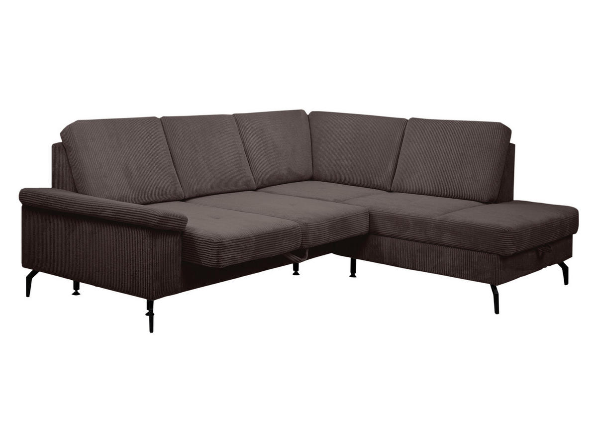 ECKSOFA Dunkelbraun Velours Bettkasten, Sitzvorzug  - Dunkelbraun/Schwarz, KONVENTIONELL, Textil/Metall (253/206cm) - Venda