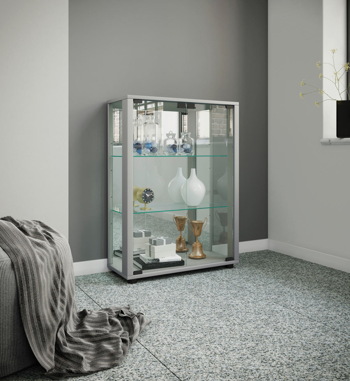 VITRINE in Silberfarben  - Silberfarben, Modern, Glas/Holzwerkstoff (60/80/25cm) - MID.YOU