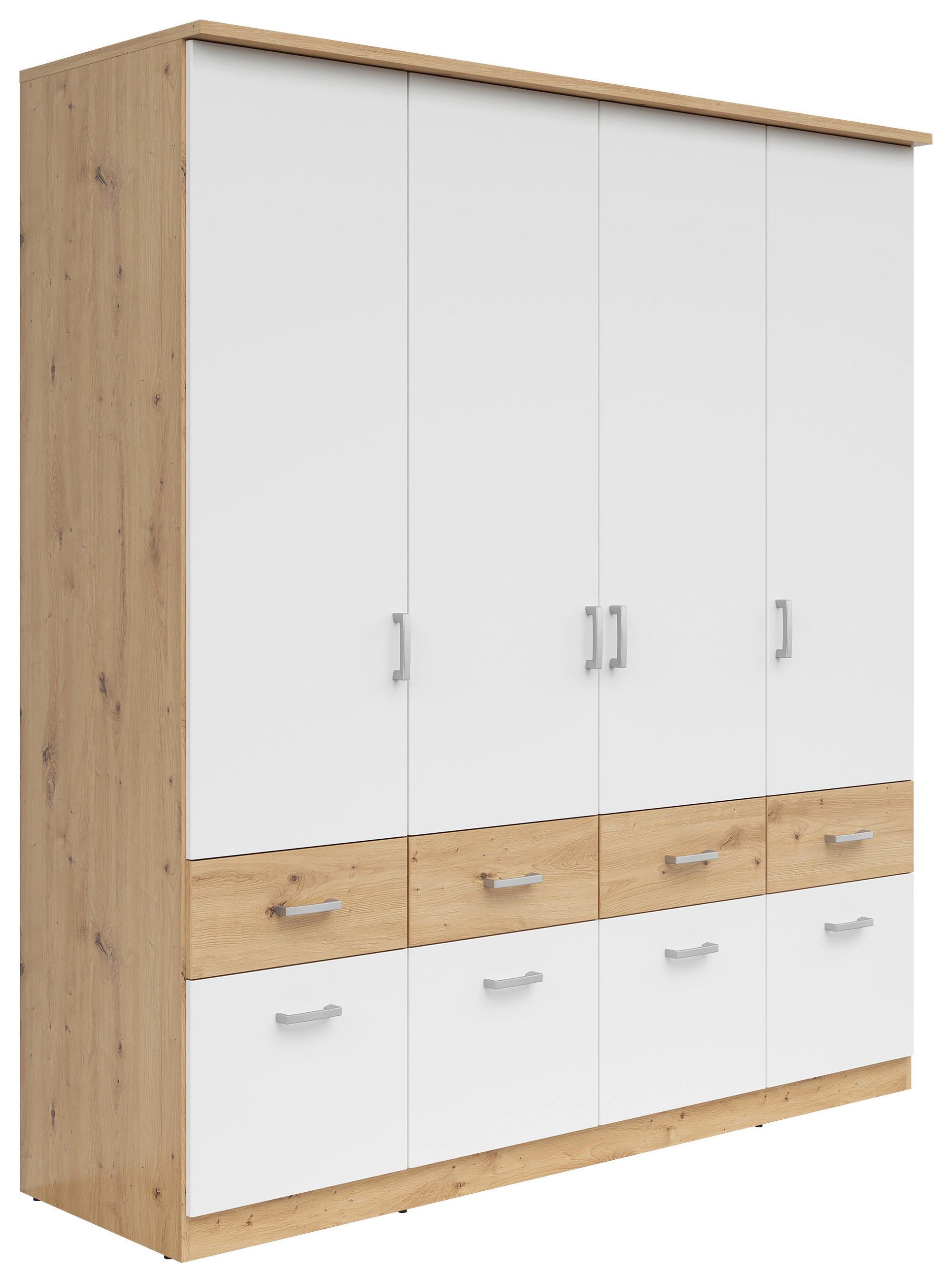 KLEIDERSCHRANK 181/199/58 cm 4-türig Weiß, Eiche Artisan  - Silberfarben/Weiß, KONVENTIONELL, Holzwerkstoff/Kunststoff (181/199/58cm)