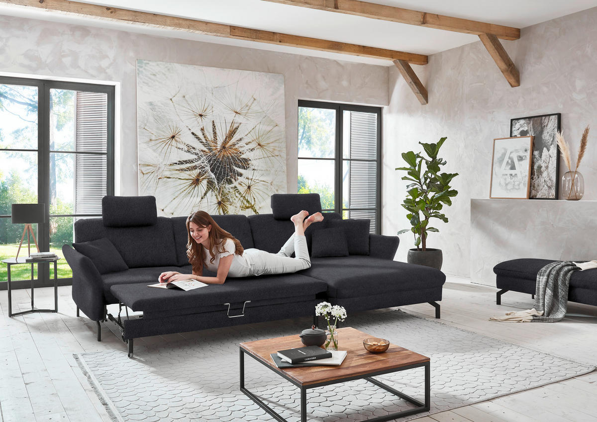 ECKSOFA in Velours Anthrazit  - Anthrazit/Schwarz, Design, Textil/Metall (306/179cm) - Beldomo System