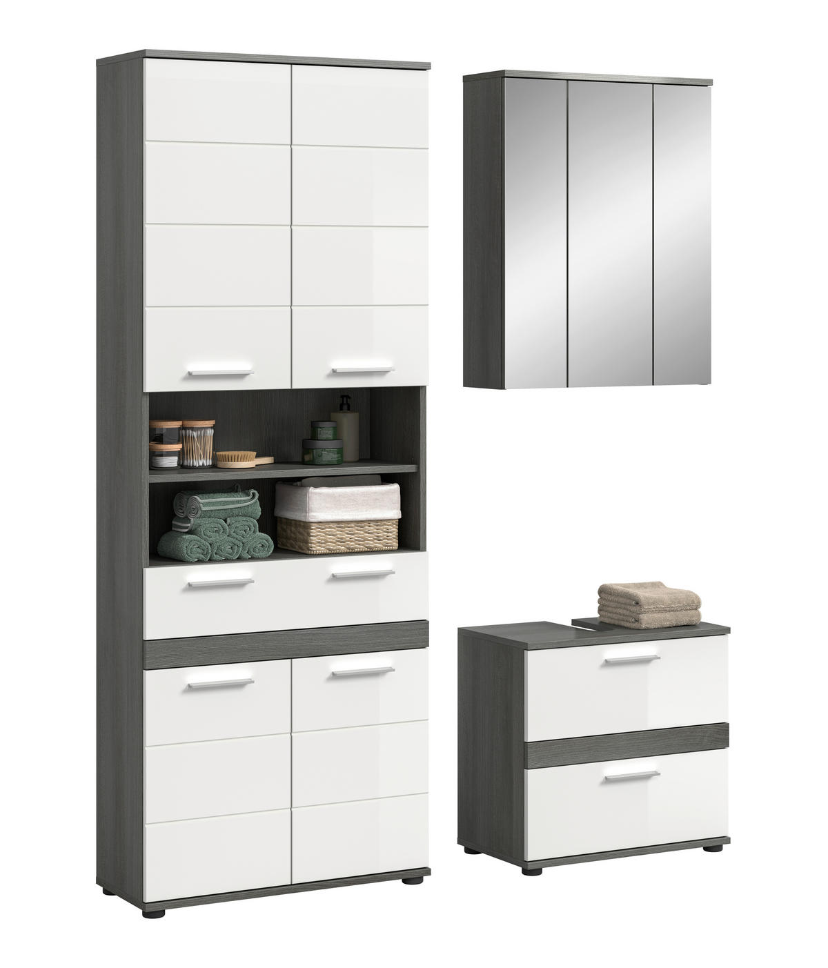 BADEZIMMER 3-teilig  in 145 cm  - Weiß Hochglanz/Silberfarben, Trend, Glas/Holzwerkstoff (145cm) - MID.YOU