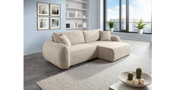 ECKSOFA Beige Flachgewebe Zierkissen, Rückenkissen, Bettkasten, Schlaffunktion, Rücken echt, Liegefläche im Originalstoff  - Beige/Schwarz, KONVENTIONELL, Kunststoff/Textil (250/145cm) - Carryhome