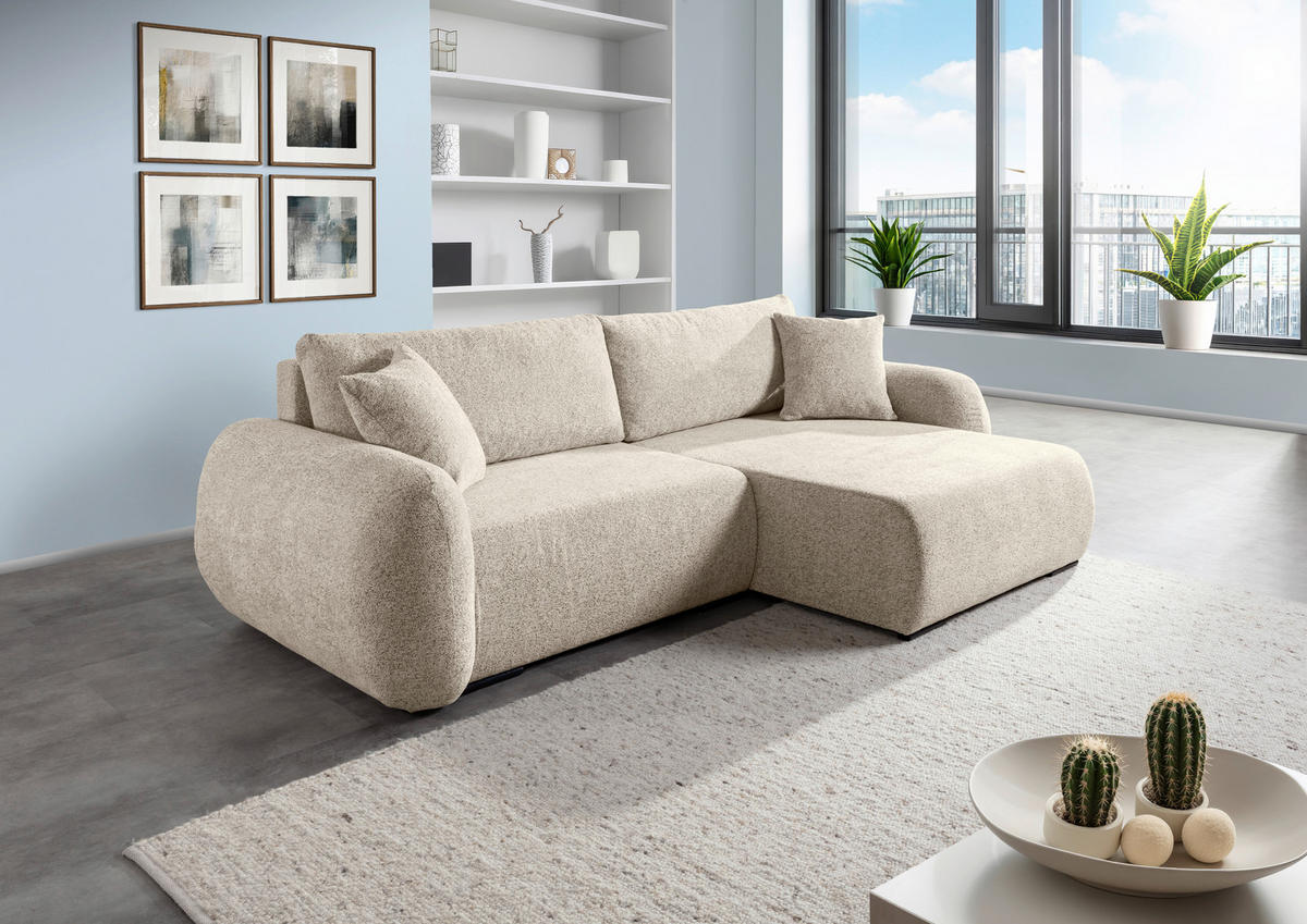 ECKSOFA Beige Flachgewebe Zierkissen, Rückenkissen, Bettkasten, Schlaffunktion, Rücken echt, Liegefläche im Originalstoff  - Beige/Schwarz, KONVENTIONELL, Kunststoff/Textil (250/145cm) - Carryhome