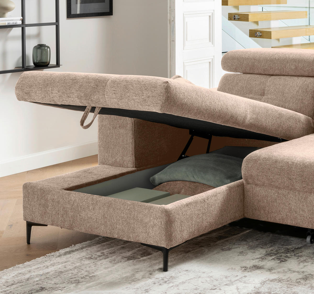 ECKSOFA Chenille Hellbraun  - Hellbraun/Schwarz, Basics, Textil/Metall (186/270cm) - Livetastic