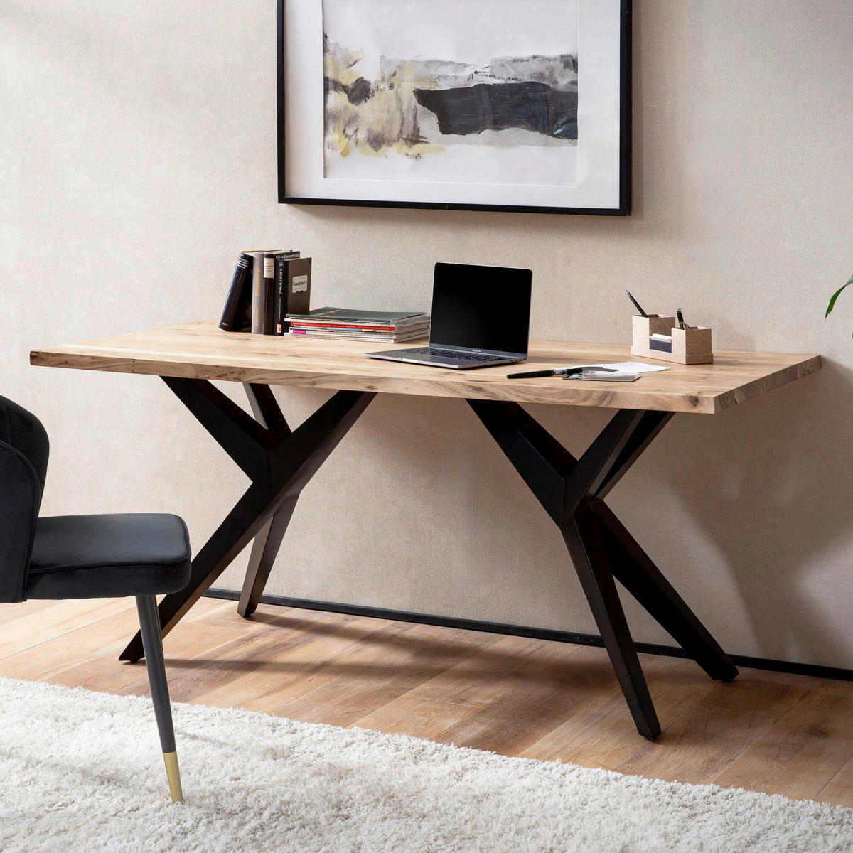 SCHREIBTISCH Akaziefarben  - Schwarz/Akaziefarben, Design, Holz/Metall (180/76/90cm) - Livetastic