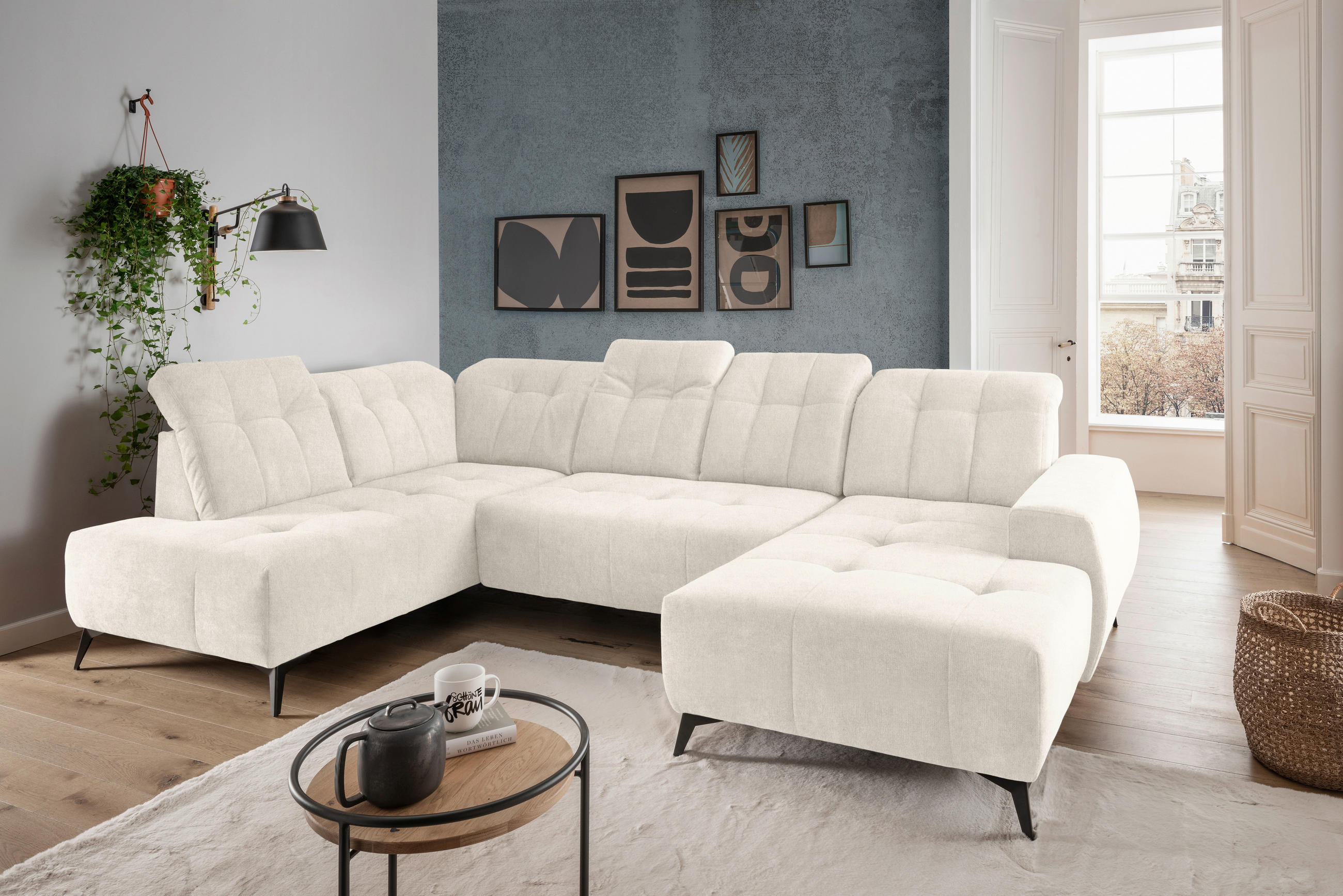 SALON PANORAMIQUE in Mikrofaser Creme  - noir/crème, Modern, textile/métal (200/337/180cm) - Livetastic