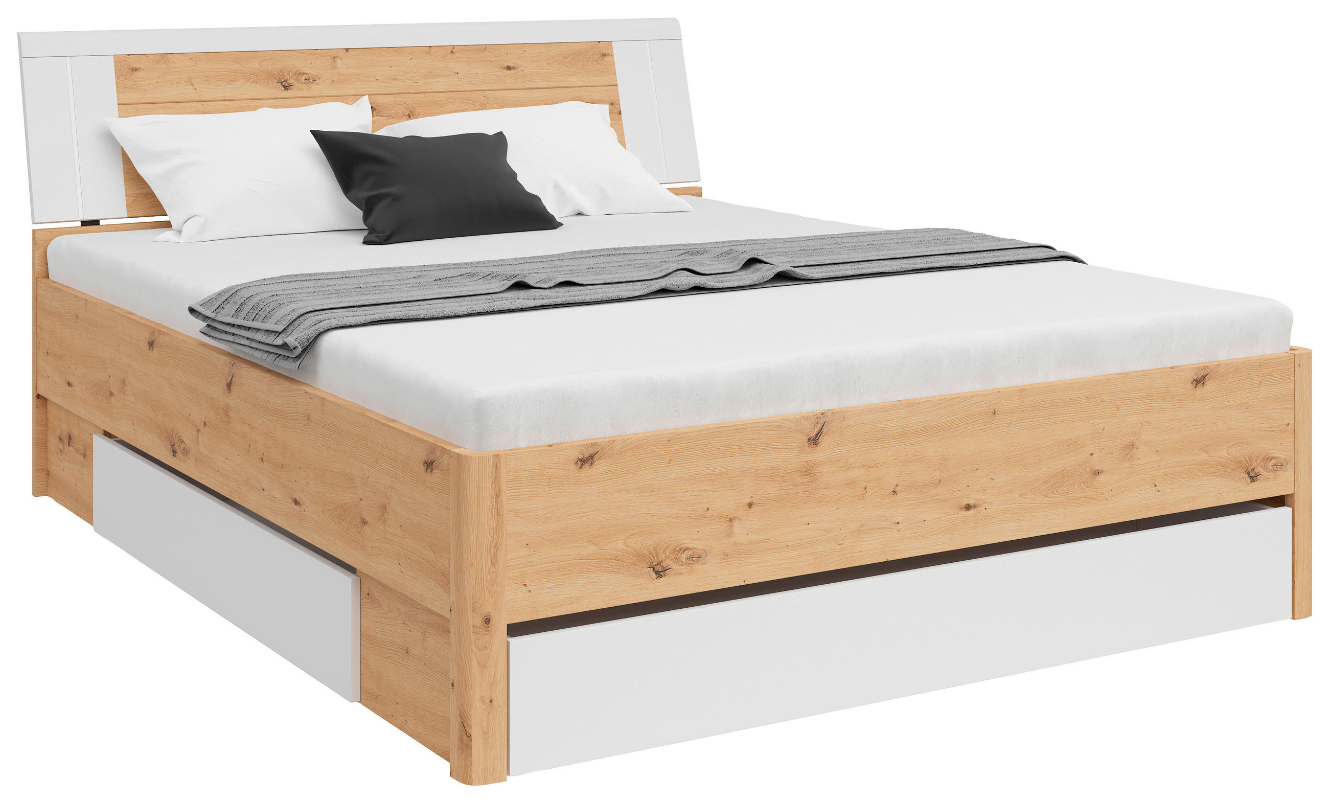 Stauraumbett 160x200 cm Saturn Weiß/Eiche Dekor