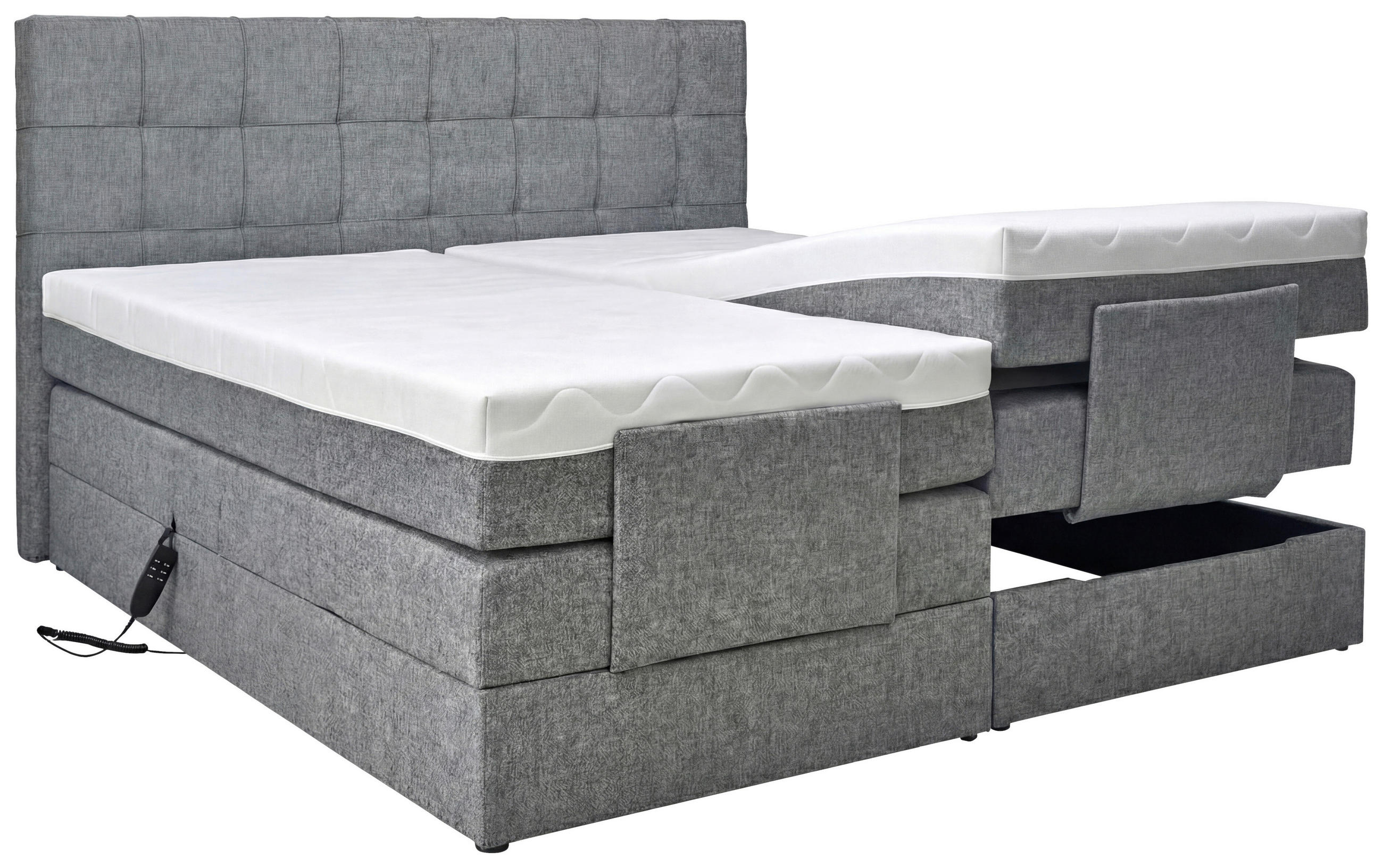 BOXSPRINGBETT 180/200 cm,  in Grau, gepolstertes Kopfteil, Topper, motorische Verstellbarkeit, Fernbedienung, Matratzen, H3 = fest  - Schwarz/Grau, KONVENTIONELL, Kunststoff/Textil (180/200cm) - Moderano