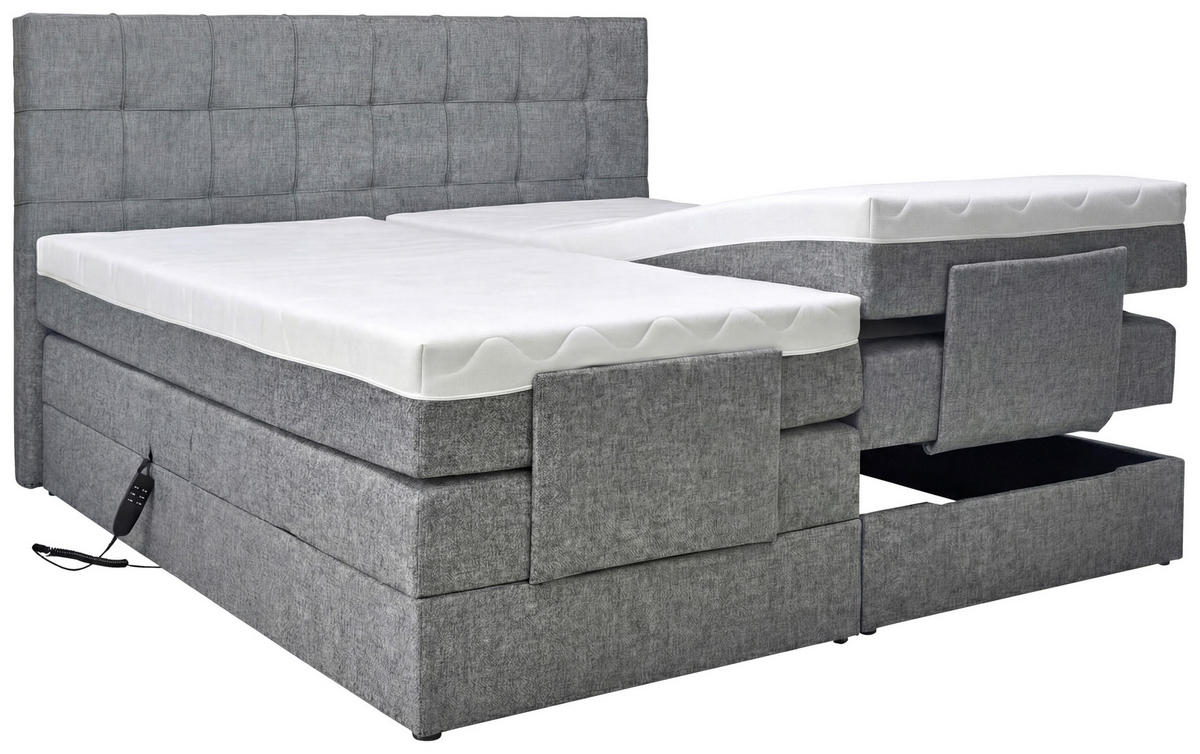 BOXSPRINGBETT 180/200 cm,  in Grau, gepolstertes Kopfteil, Topper, motorische Verstellbarkeit, Fernbedienung, Matratzen, H3 = fest  - Schwarz/Grau, KONVENTIONELL, Kunststoff/Textil (180/200cm) - Moderano
