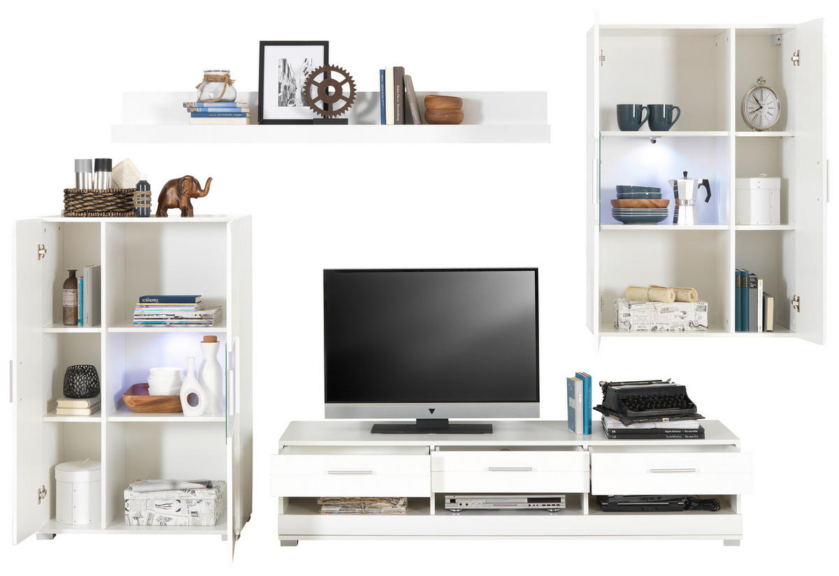 REGAL ZA DNEVNI BORAVAK bijela, bijela visoki sjaj   - bijela/srebrne boje, Design, staklo/drvni materijal (265/186/44cm) - Xora