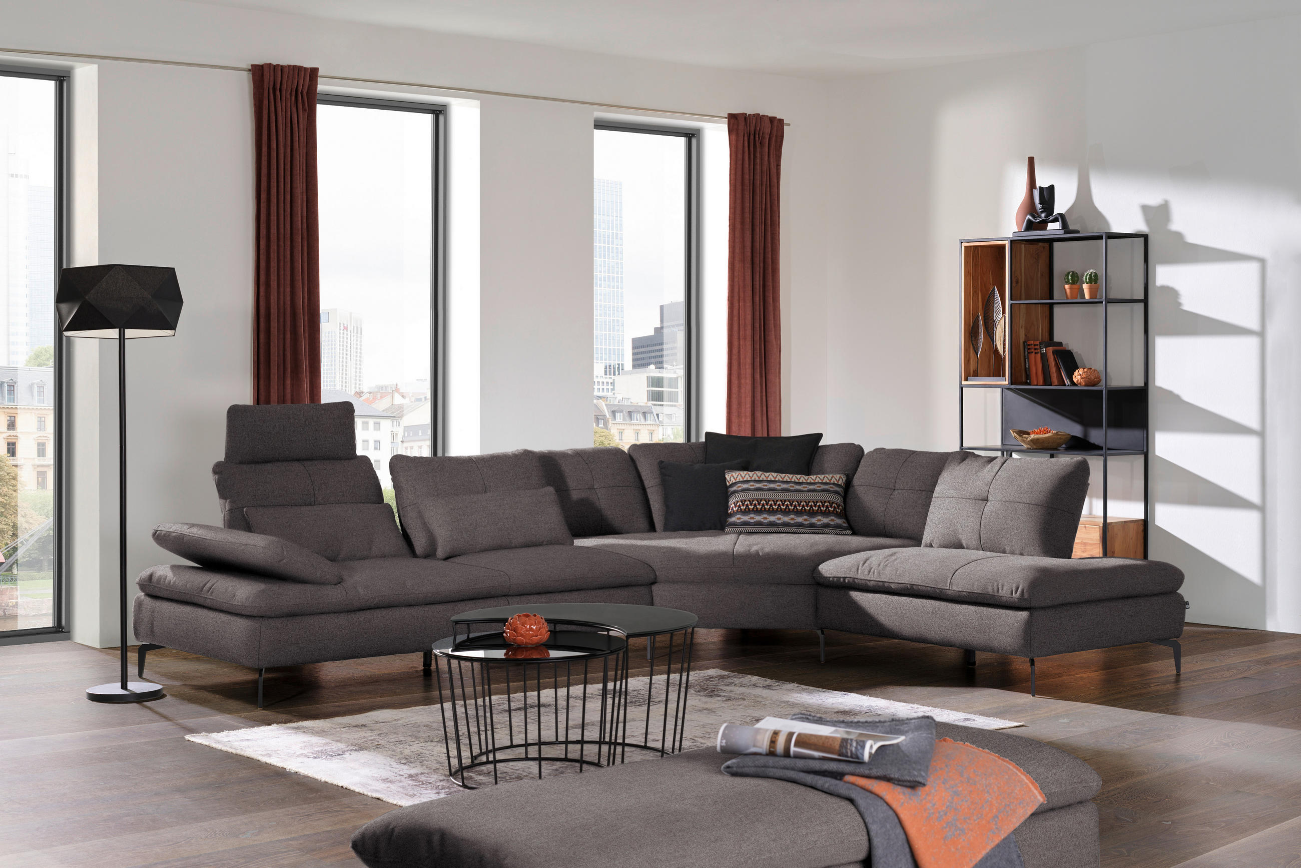 ECKSOFA in Flachgewebe Graphitfarben  - Schwarz/Graphitfarben, Design, Textil/Metall (344/271cm) - Chilliano
